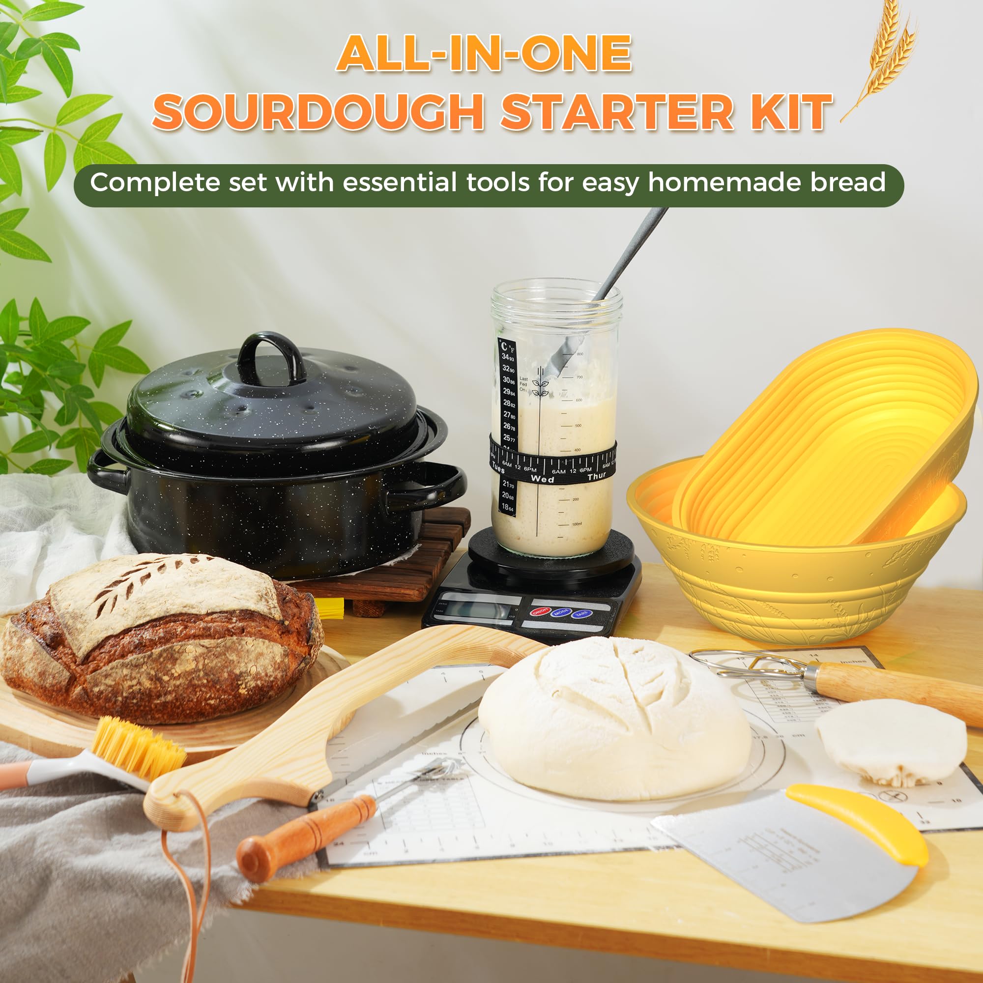 Starter kit per principianti, barattolo da 963,9 g con marcatura graduata, 2 cestini in silicone, kit completo per la cottura del pane con guida e ricette, facile da usare e pulire, giallo