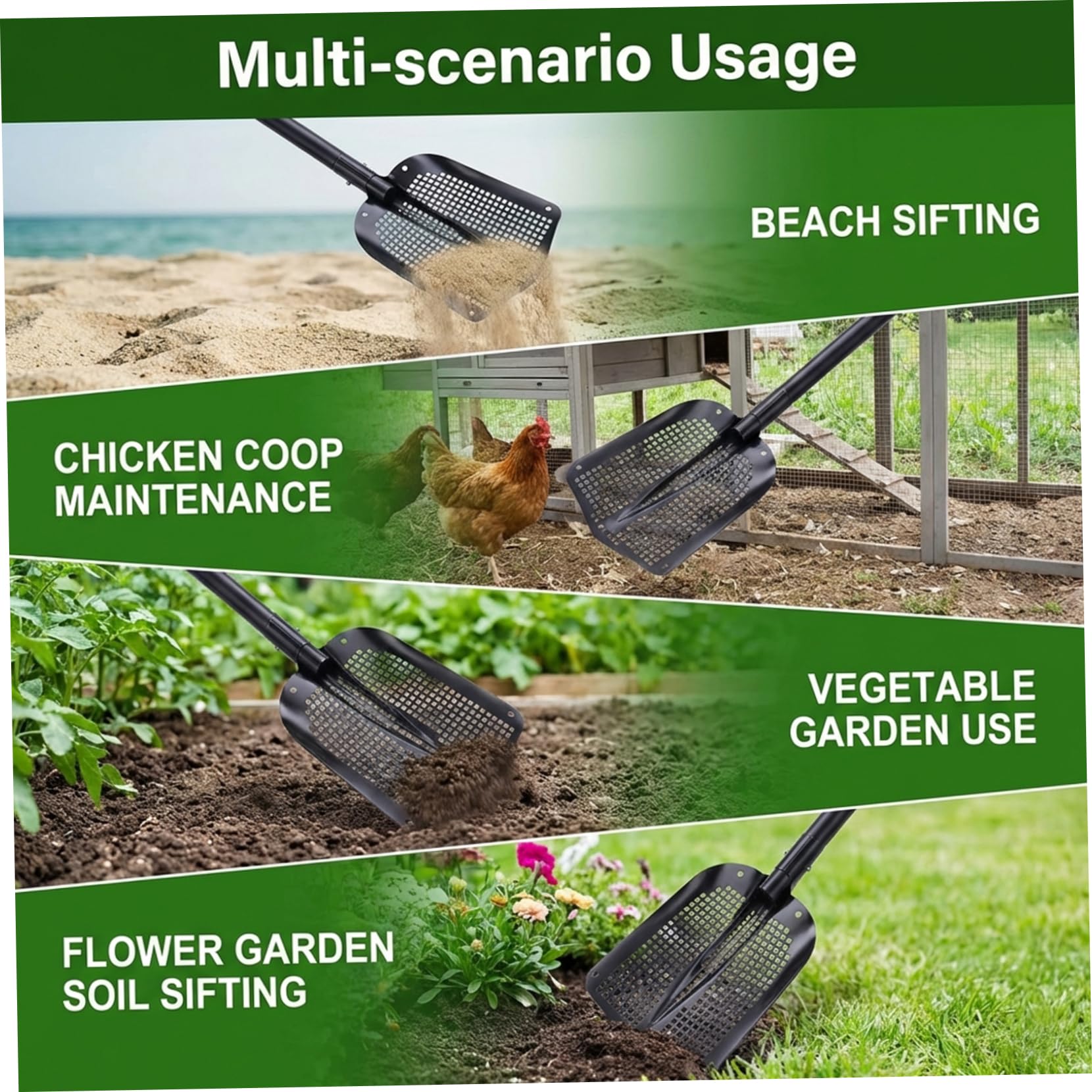 Siebschaufel, Leichter Sandsieber mit langem Griff, Aluminium-Bodensieb für Strandsand, Gartenerde, Hühnerstallreinigung und Hofkompostsiebung