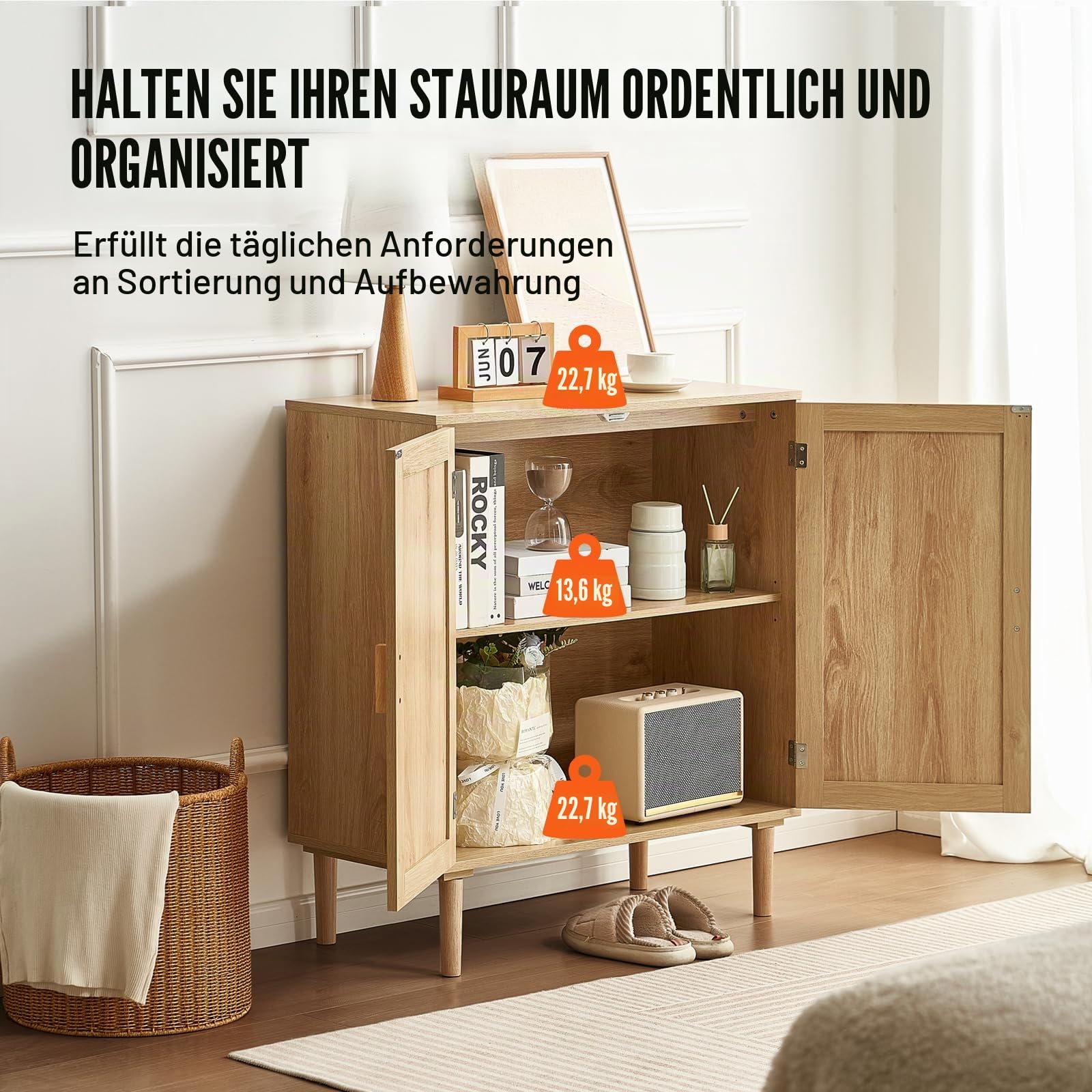 VEVOR Rattanschrank Rattankommode Aufbewahrungsschrank mit 2 magnetischen Türen & verstellbaren Regalen & Griffen, Sideboard-Buffetschrank für Flur Eingangsbereich Wohnzimmer Küche Flur