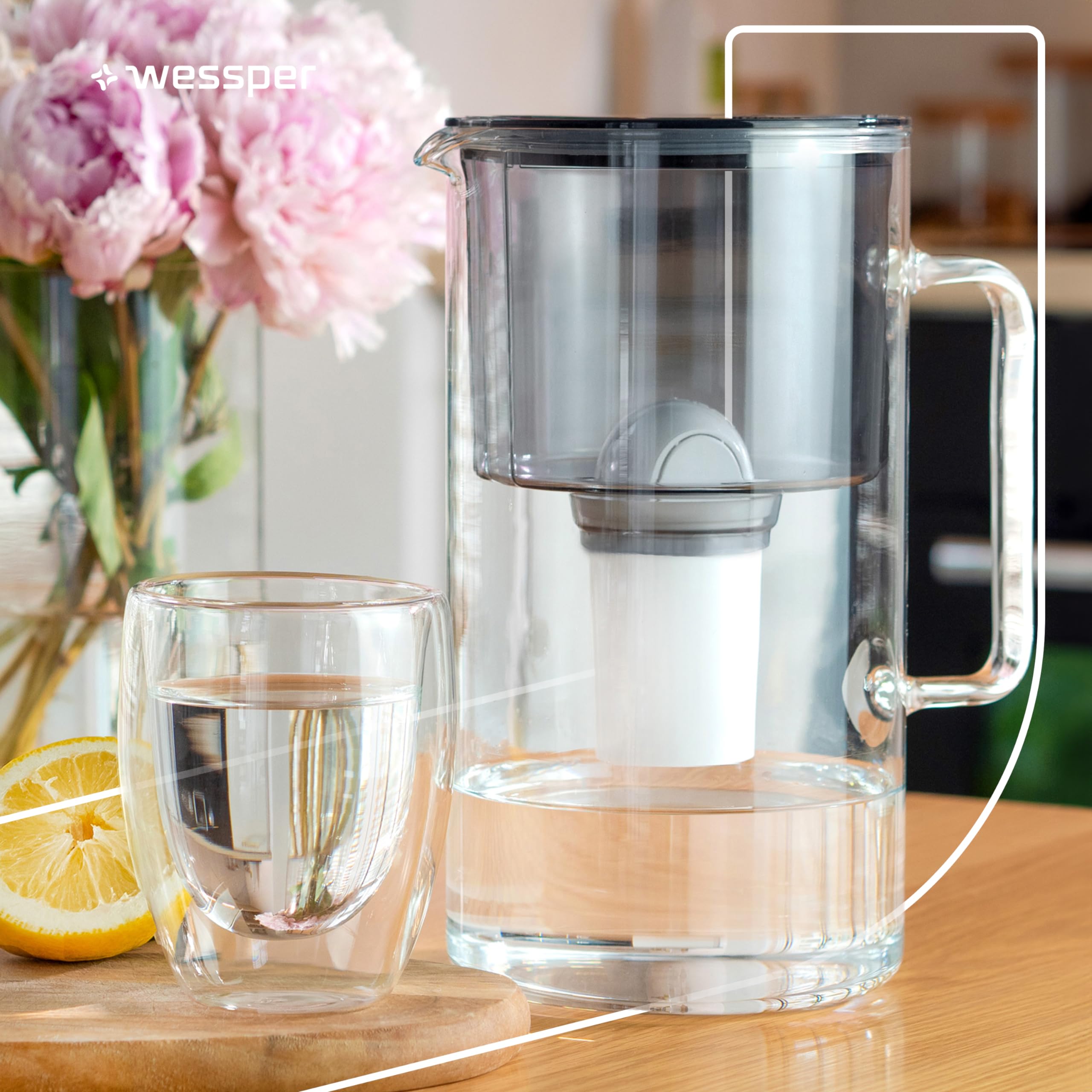Wessper wasserfilter Kanne Glas 3L, karaffe mit 2 filter Classic - Schwarz