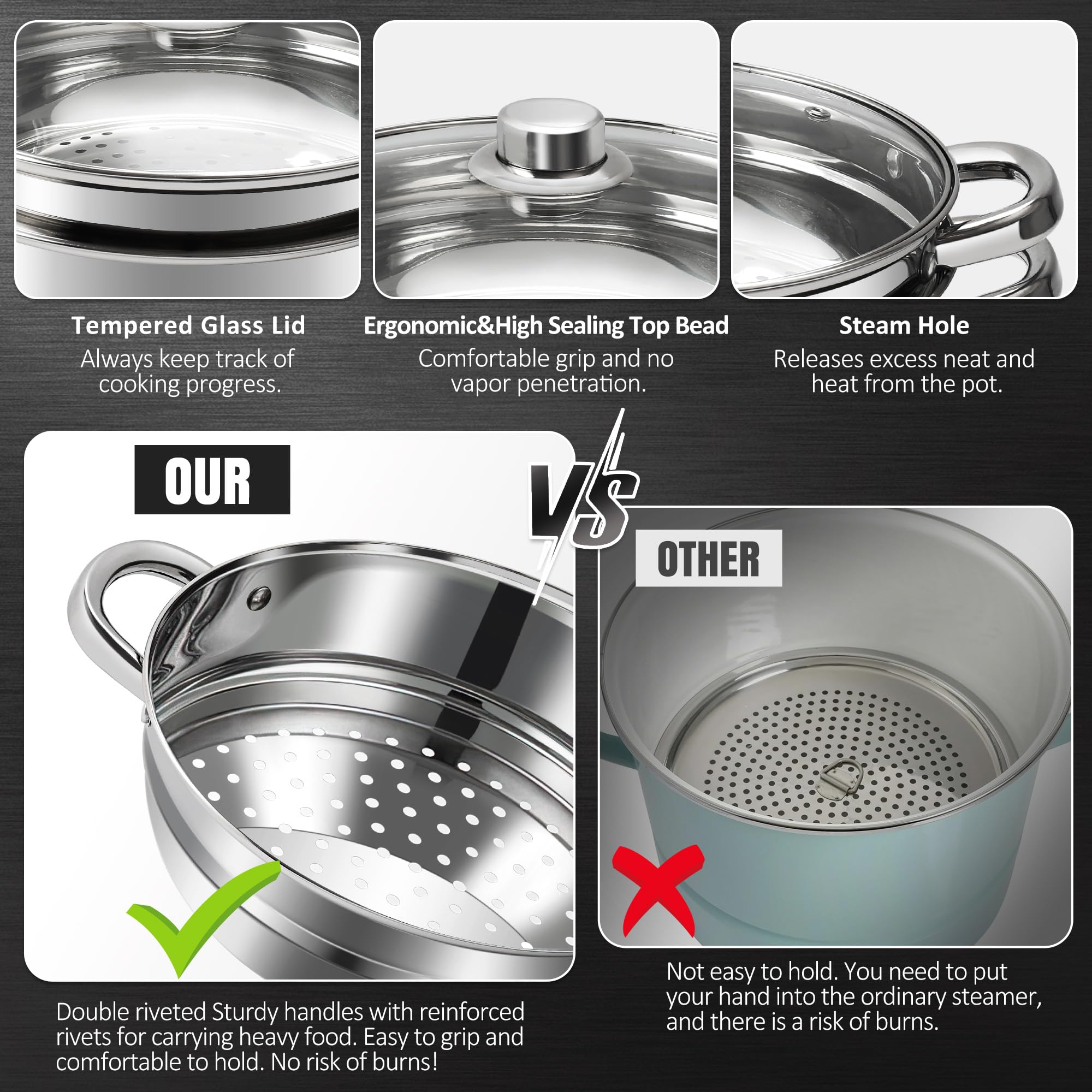 AuFranc® Cuiseur Vapeur à 3 Étages en Inox 18/10 avec Couvercle en Verre, 20CM Cuiseur Vapeur de 3 Litres, Empilable, Casseroles Adapté à la Tous Feux Dont Induction (Argent)