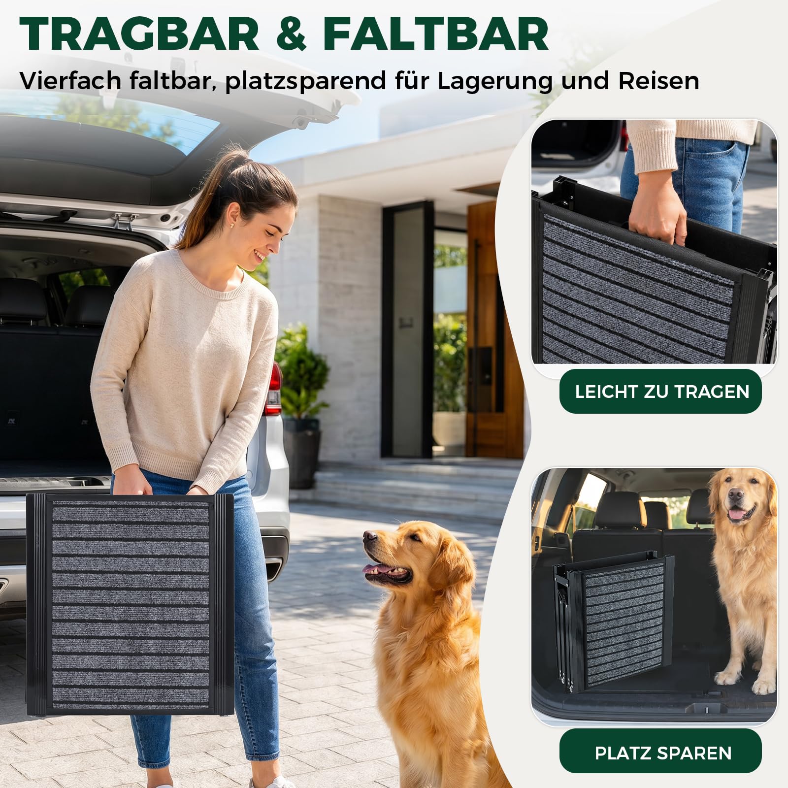 170 cm Extra Lange Hunderampe Auto Klappbar, rutschfeste Hundetreppe Auto mit Griffiger Teppichoberfläche, Stabile Aluminiumrampe für Große und Mittelgroße Hunde bis 110 kg, für SUV, Auto und LKW