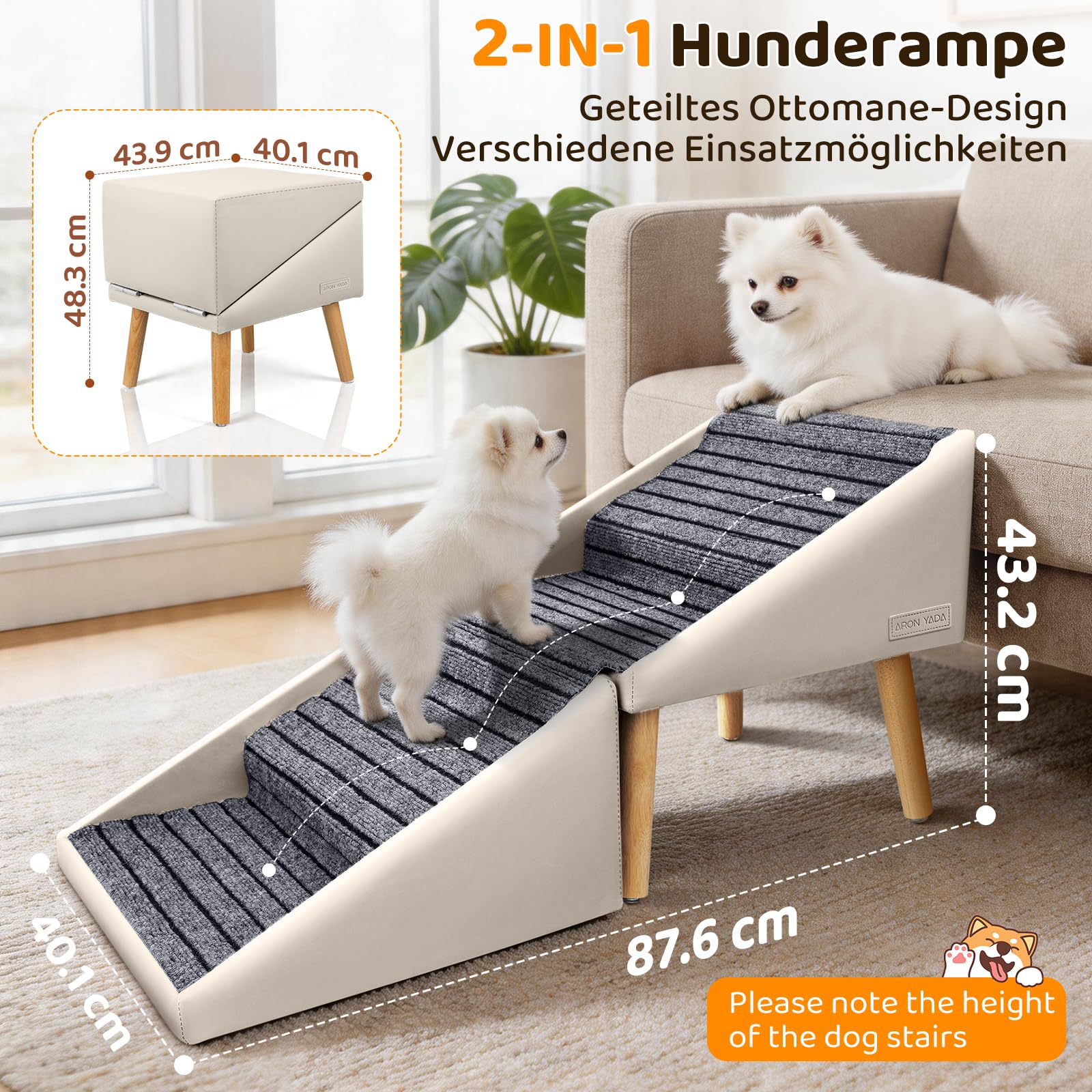 Hundetreppe für kleine mittlere & große Hunde, Katzen, Welpen & Senioren, 43 cm hohe 4-stufige 2-in-1 Massivholz-Treppe mit Split-Ottomane, klappbare rutschfeste Hunderampe für Sofa (Beige)