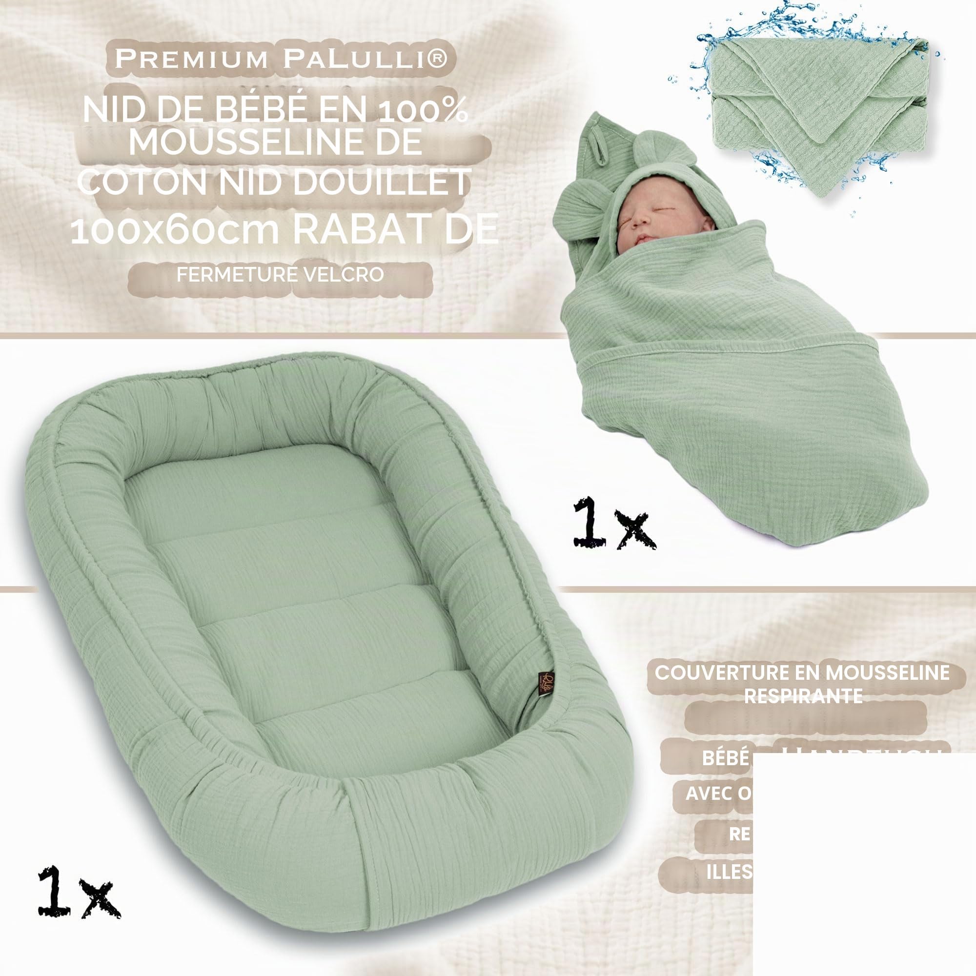 PaLulli® Tour de lit en Mousseline 2 côtés avec Chiffon d'emmaillotage, Mousseline Respirante - Serviette avec Capuche et Oreilles Cousues - 100% Mousseline Öko-Tex (Vert Sauge)