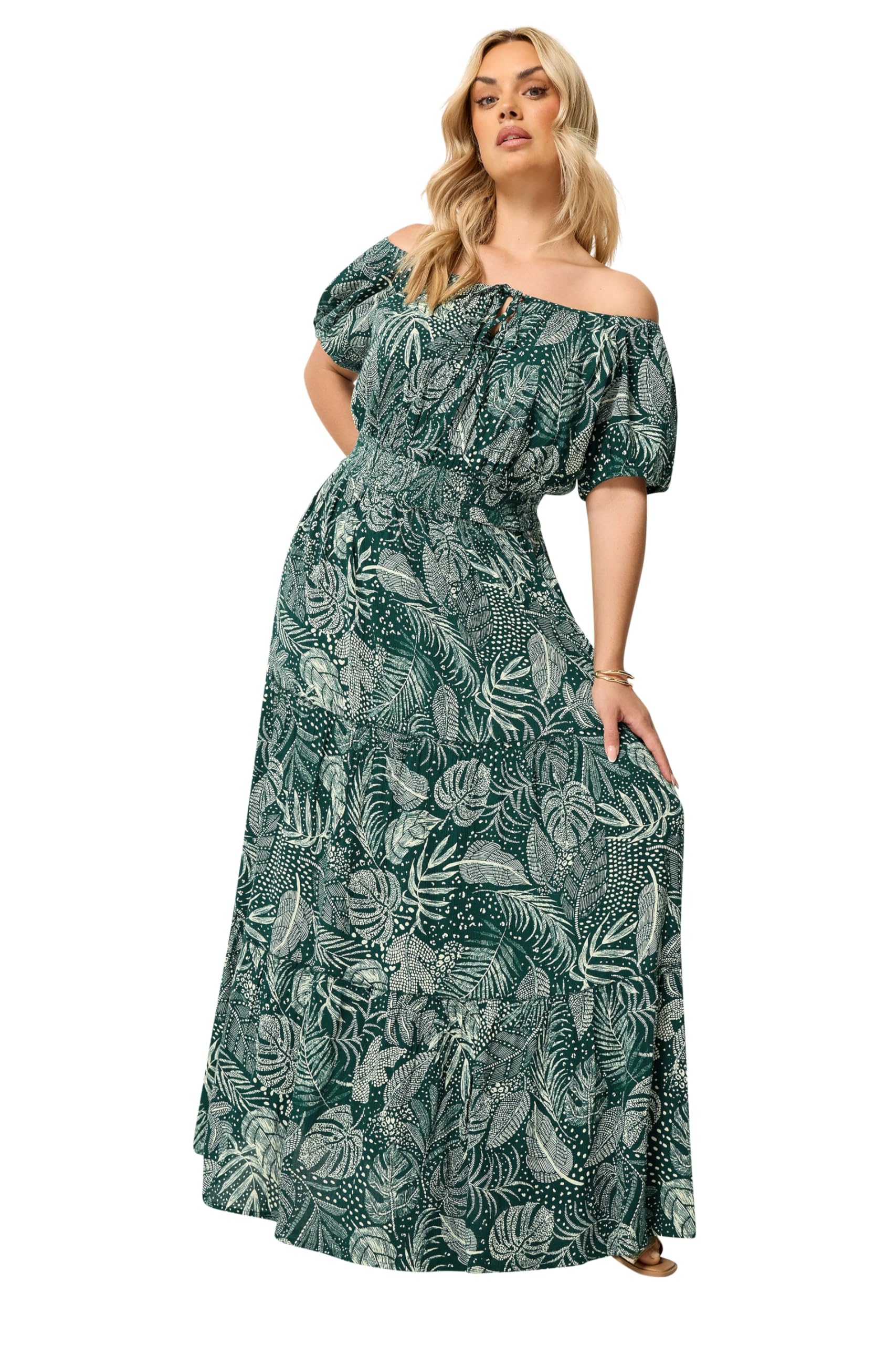 Yours Women's Dark Green Leaf Tie Neck Bardot Maxi Dress In Size 26-28