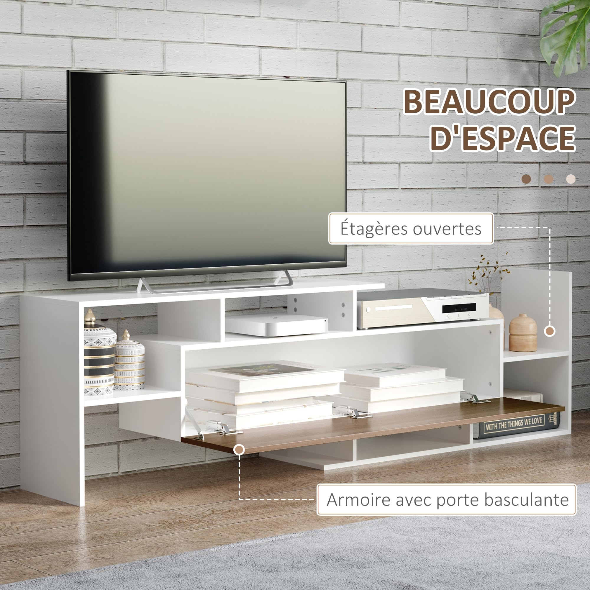HOMCOM Ensemble Meuble TV avec Banc et étagère Murale Style Contemporain 153,6L cm - Blanc et Marron