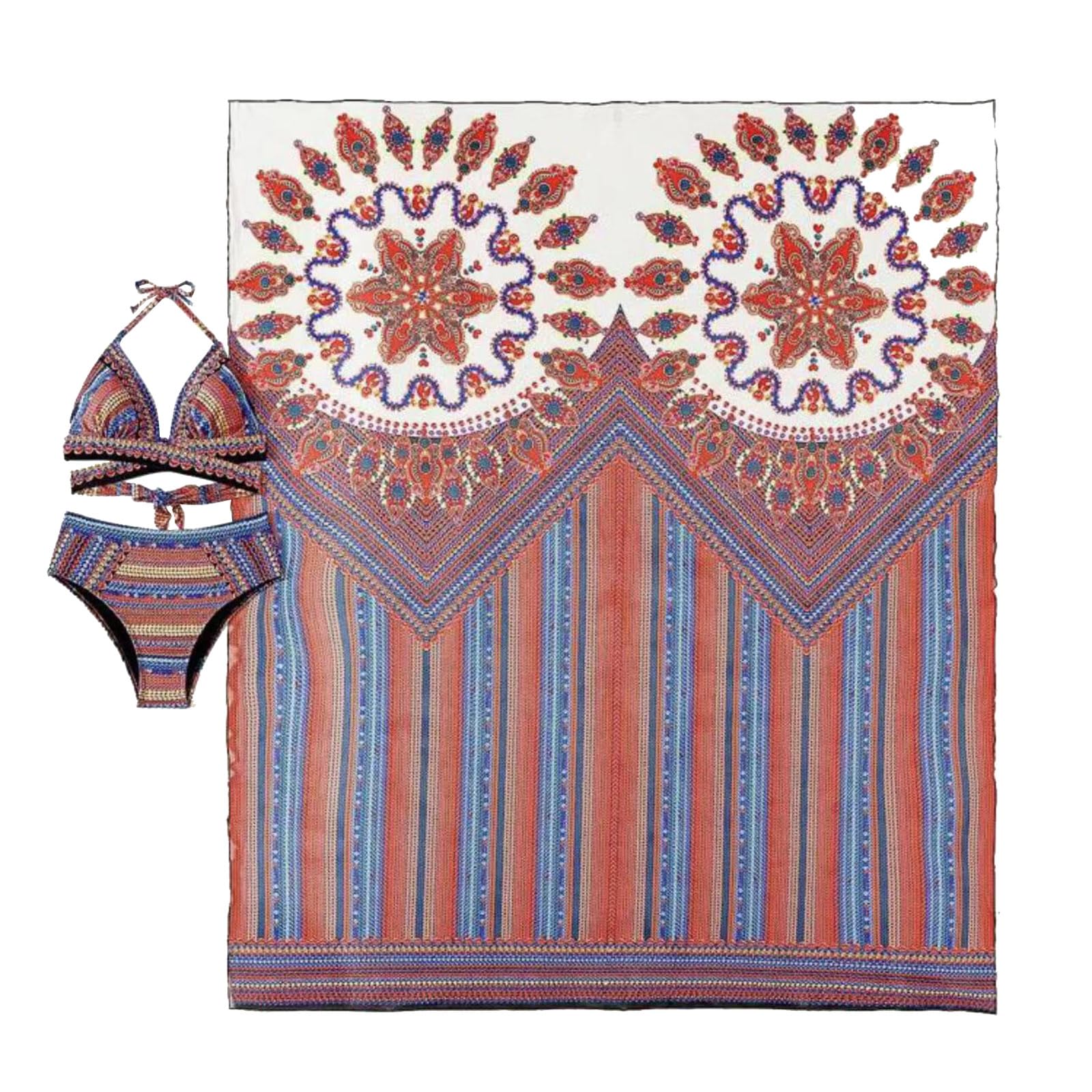 Conjunto Bikini 3 Piezas Boho Mujer, Traje baño con Salida Playa Malla, Halter Tirantes Finos, Estampado Floral, Cuello V, Copa Triangular, Lazo Espalda