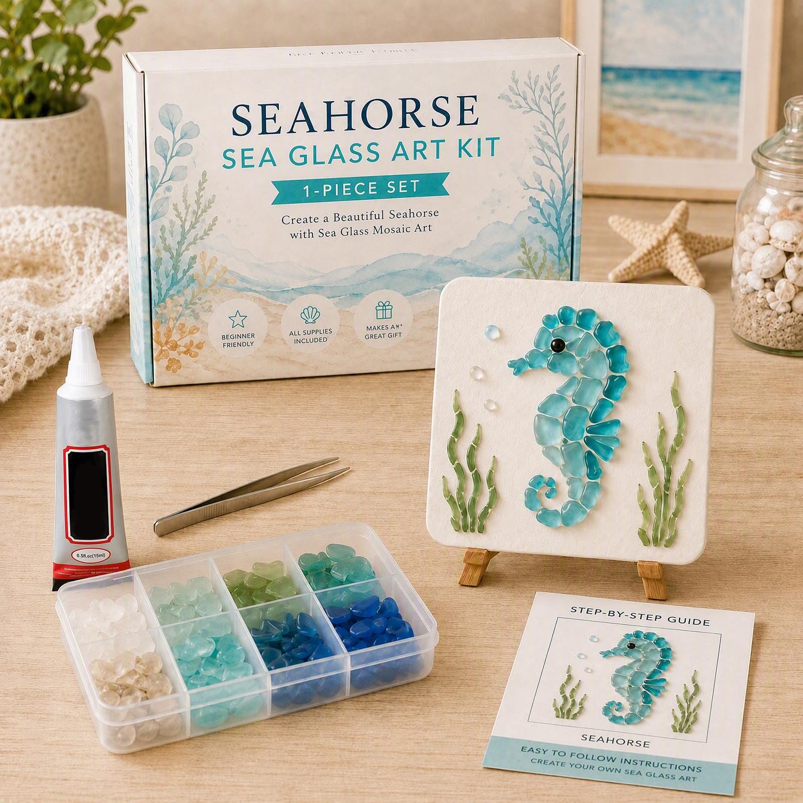ByteCraft DIY Sea Glass Mosaic Art Kit, Sea Glass Art Kit, DIY Beautiful Ocean & Garden Inspired Artwork with Colorful Glass Pieces, Coastal Home Decor & Creative Handmade Gift Adults