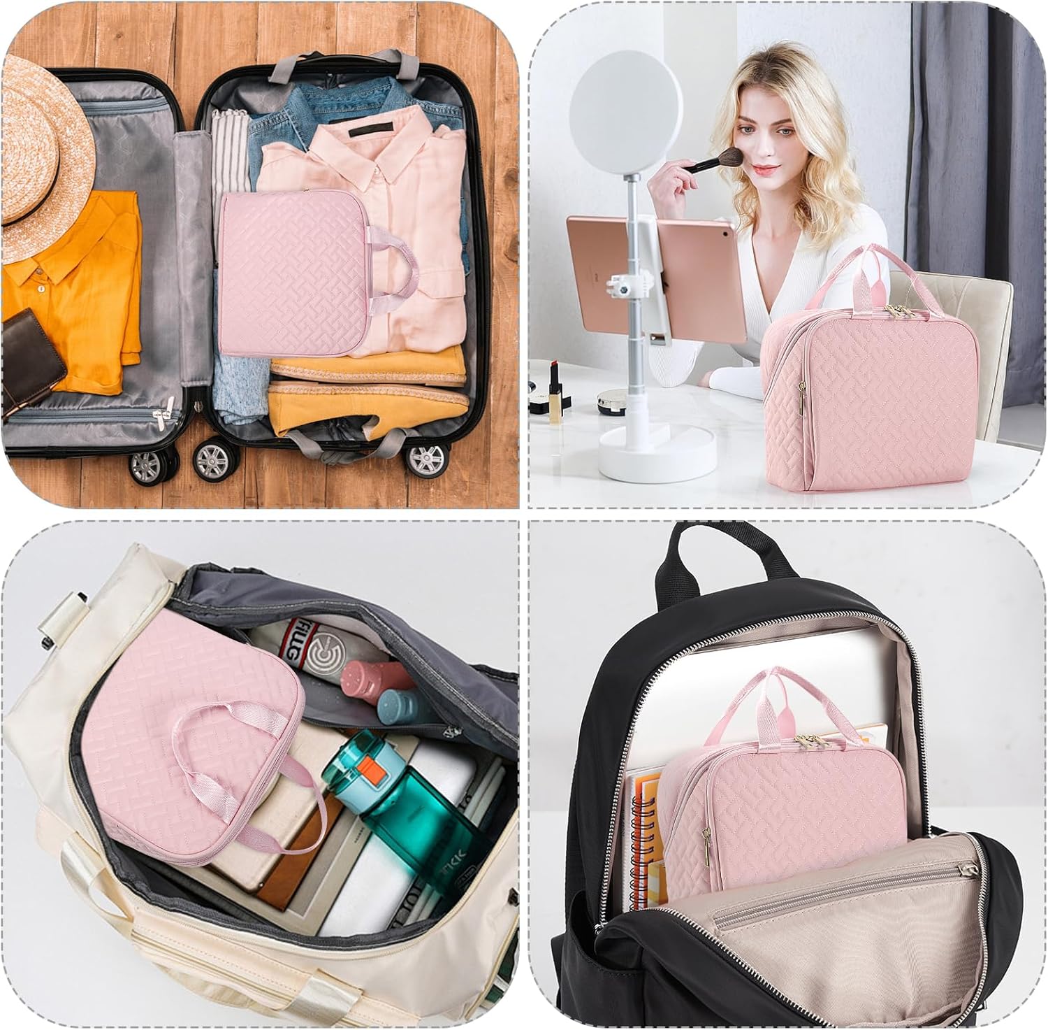 スタンディングメイクアップバッグ、大容量、ブラシと鏡用のスペース、旅行用メイクアップオーガナイザー、ポータブルスタンドアップメイクア