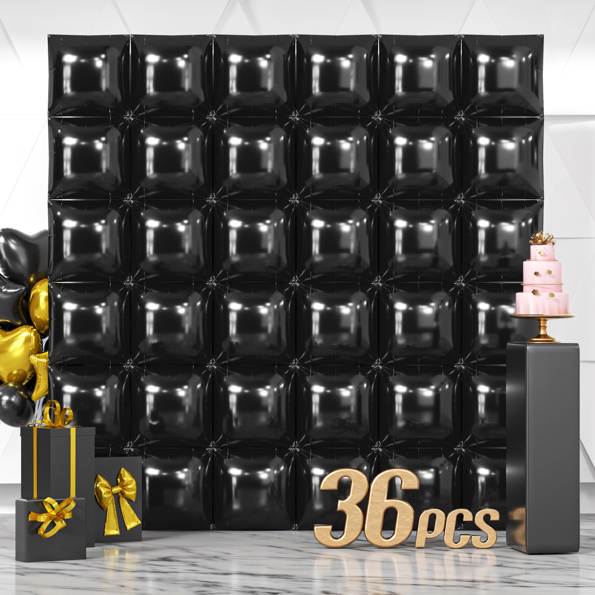 NISOCY 36PCS Black Square Foil Balloons Wall Backdrop Metallic Double Sided Black Balloon Tunnel Arch Kit for New Year Birthday Baby Shower Graduation