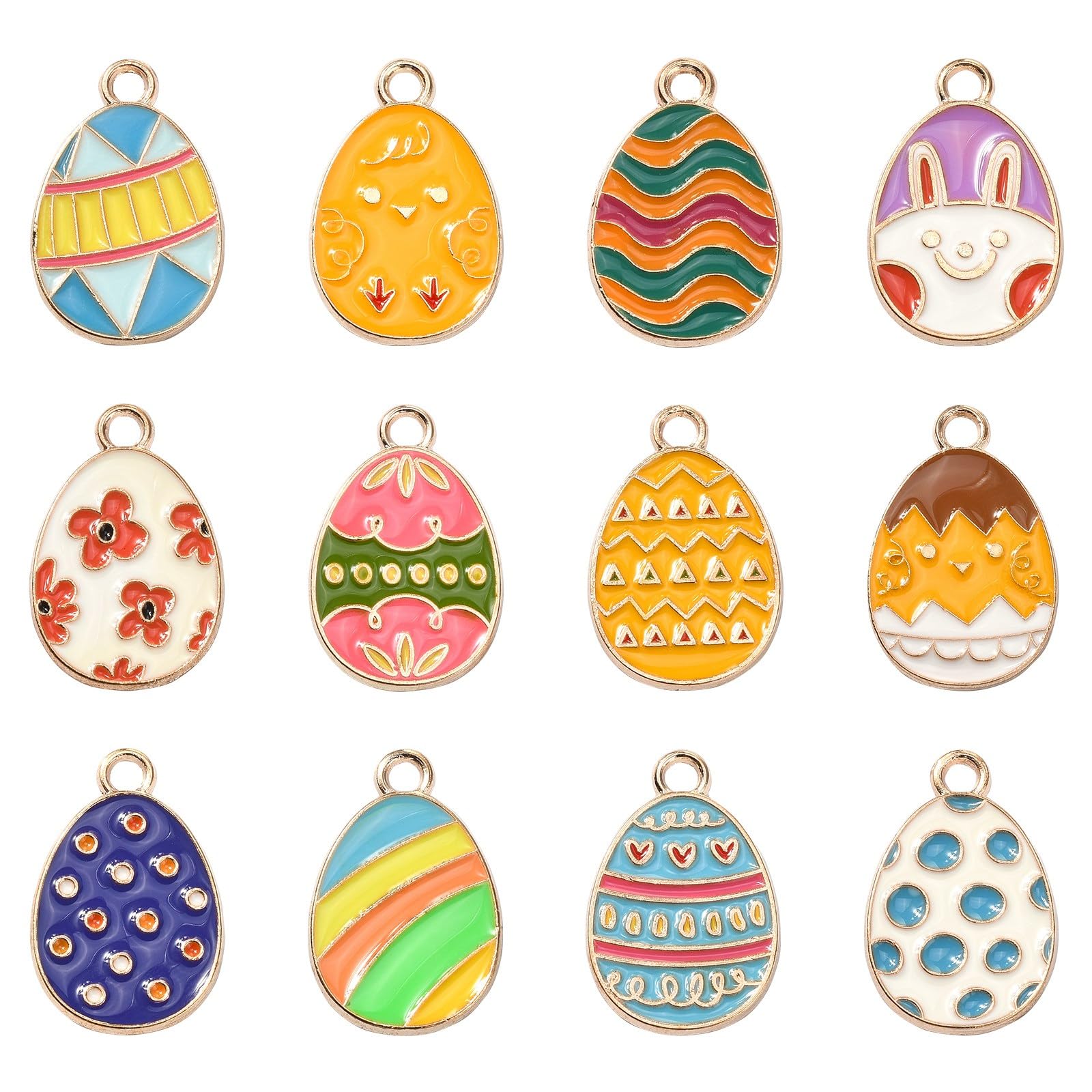 Stiesy 60Pcs 12 Styles Easter Egg Charms Pendants Enamel Egg Charms Colorful Egg with Easter Rabbit Pattern Dangle Charms for Jewellry Making DIY Crafts