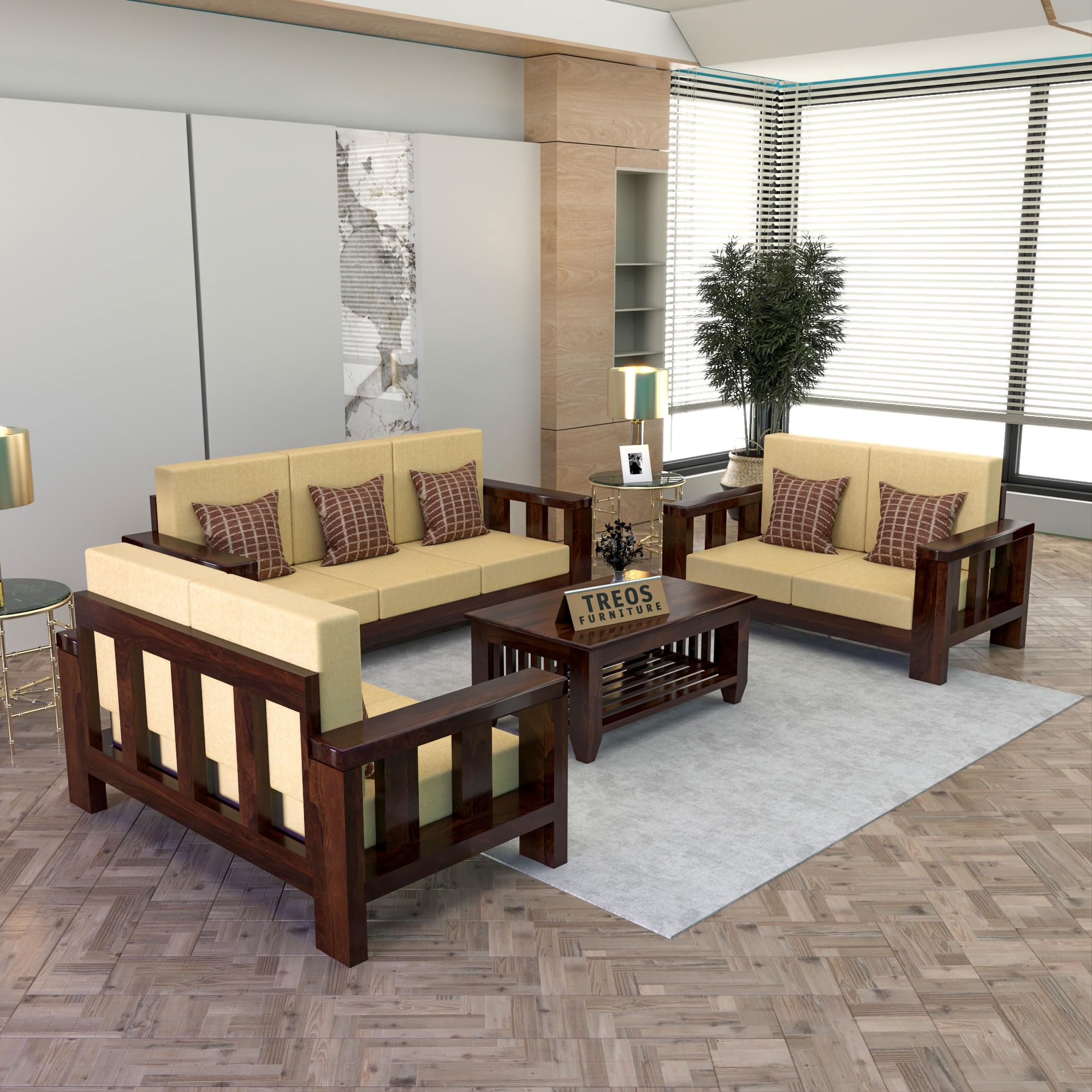 Sheesham Wooden 7 Seater Sofa Set for Living Room | Solid Wood Sofa | Rosewood Sofa Set for Home & Office | Lounge (Walnut, 3+2+2 Seater)-image-26