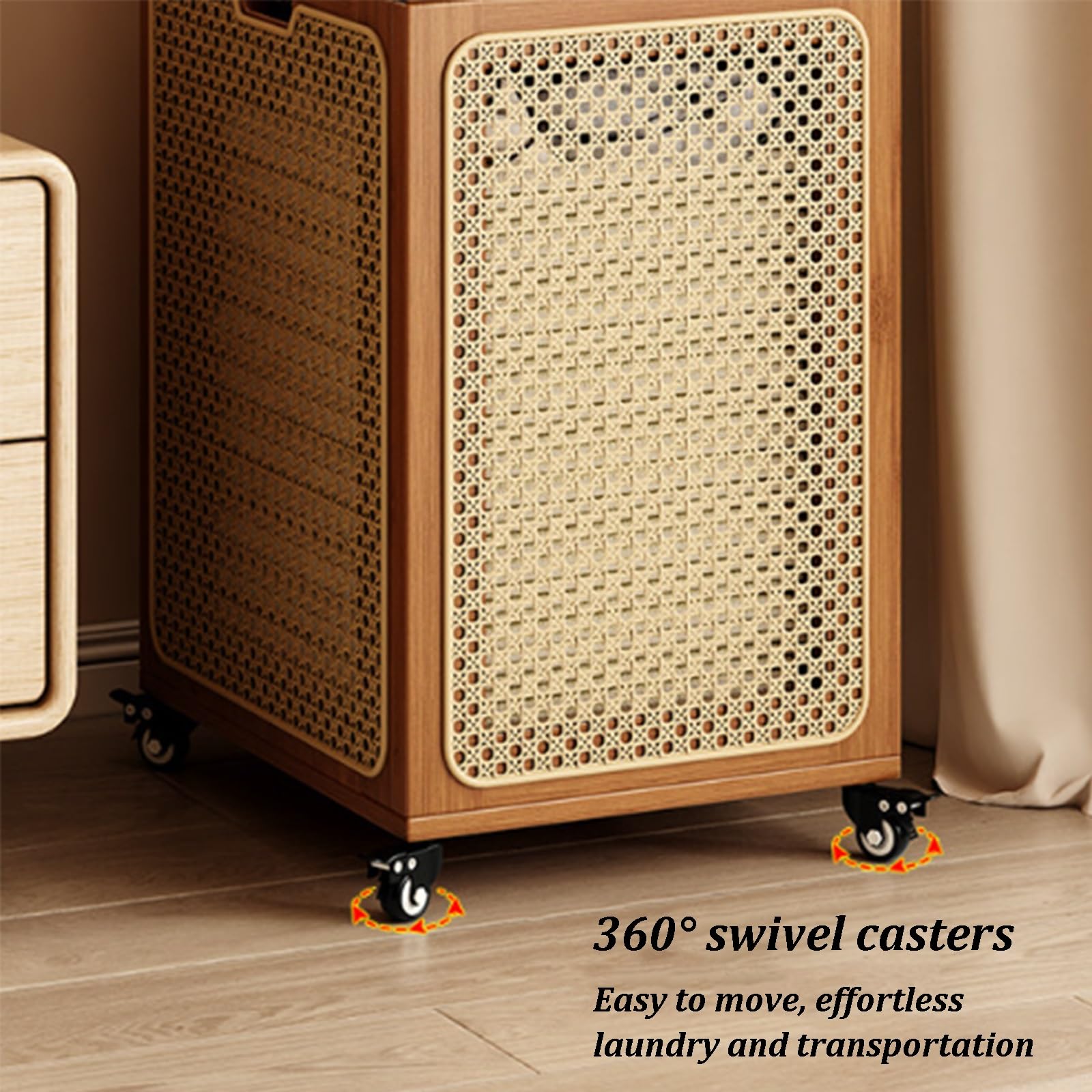 Cesta de bambú con ruedas, cesta grande y estrecha con asa para lavandería, dormitorio, almacenamiento de ropa