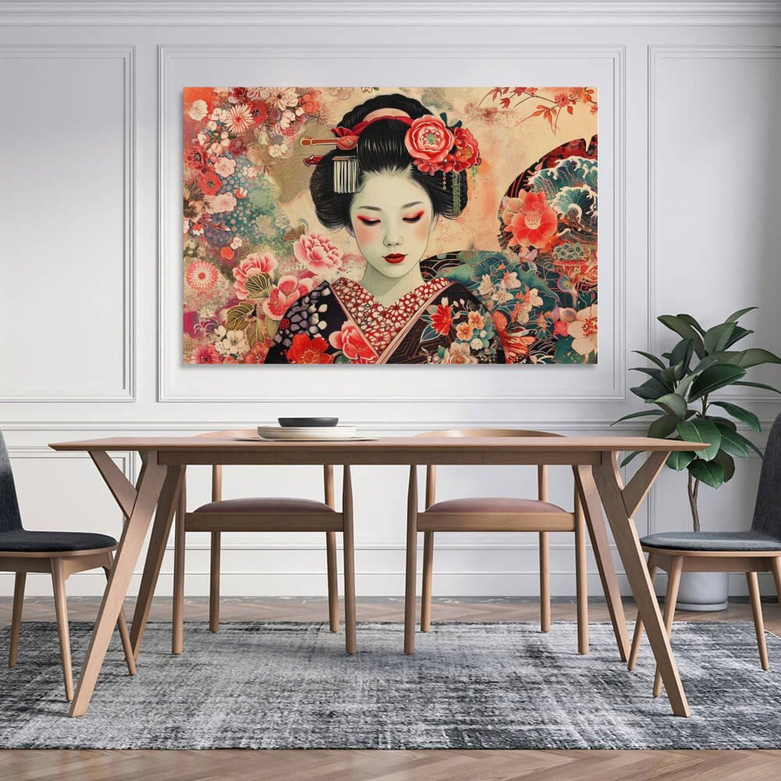 Amazon.co.jp: 絵画 花で飾られた日本人女性インテリア 絵画