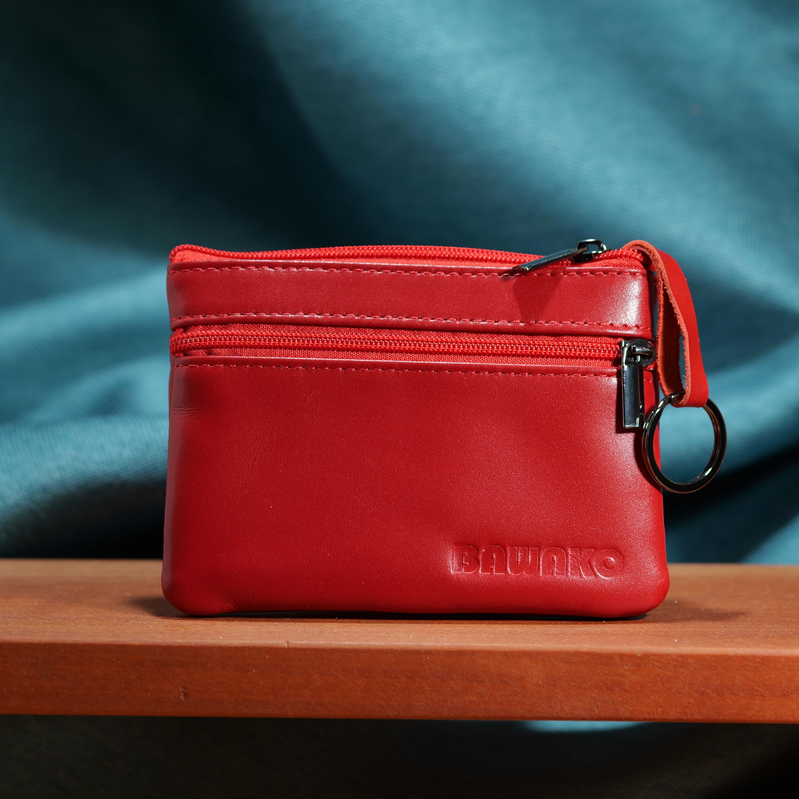 BAWAKO Portamonete in vera pelle, tre scomparti, chiusura con cerniera, adatto per carte e monete, con portachiavi mini portafoglio, universale(Rosso)