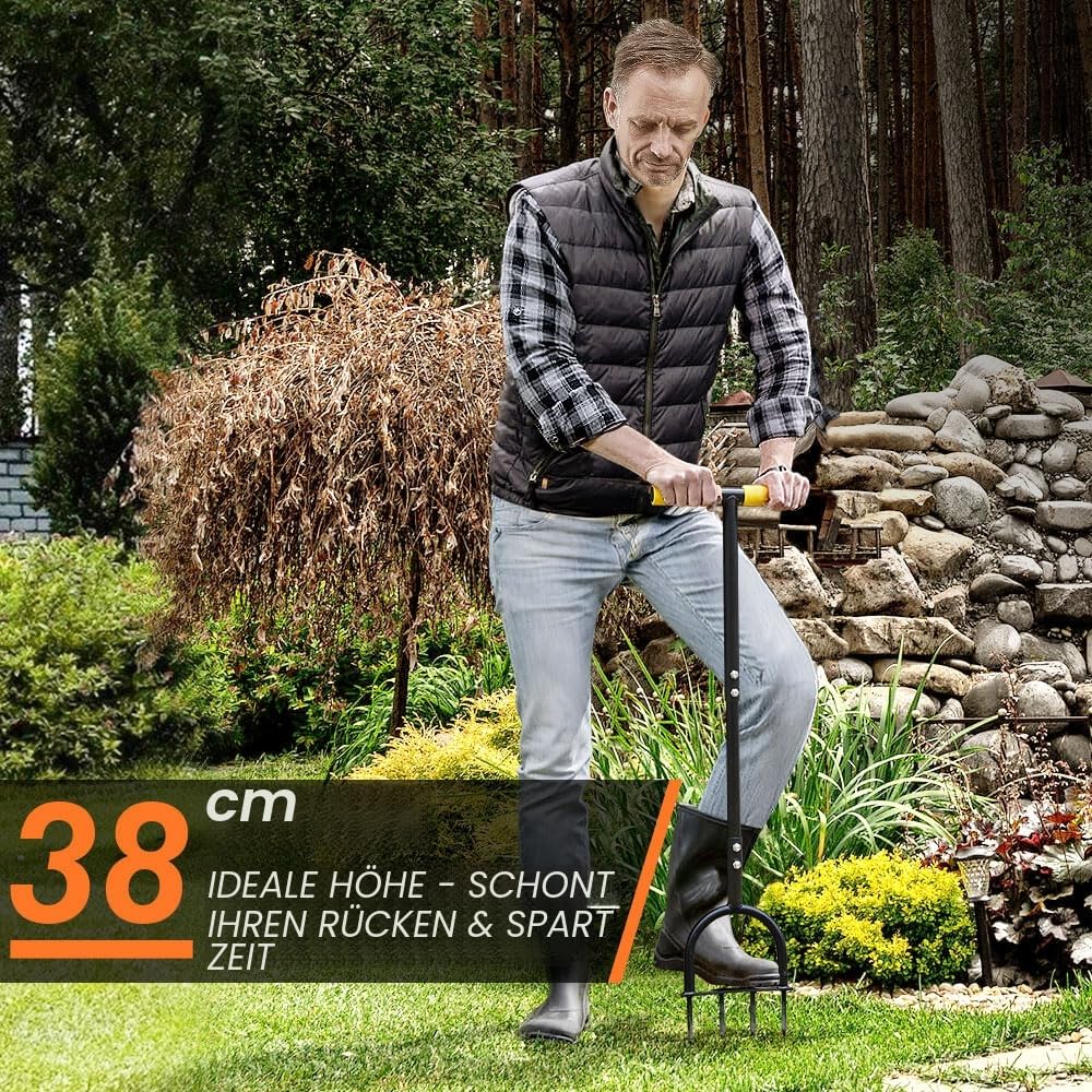 Colwelt Rasenbelüfter für verdichtete Böden und Rasenflächen, rutschfester T-Griff, mit vier 9 cm massiven Stahlspießen, 96 cm