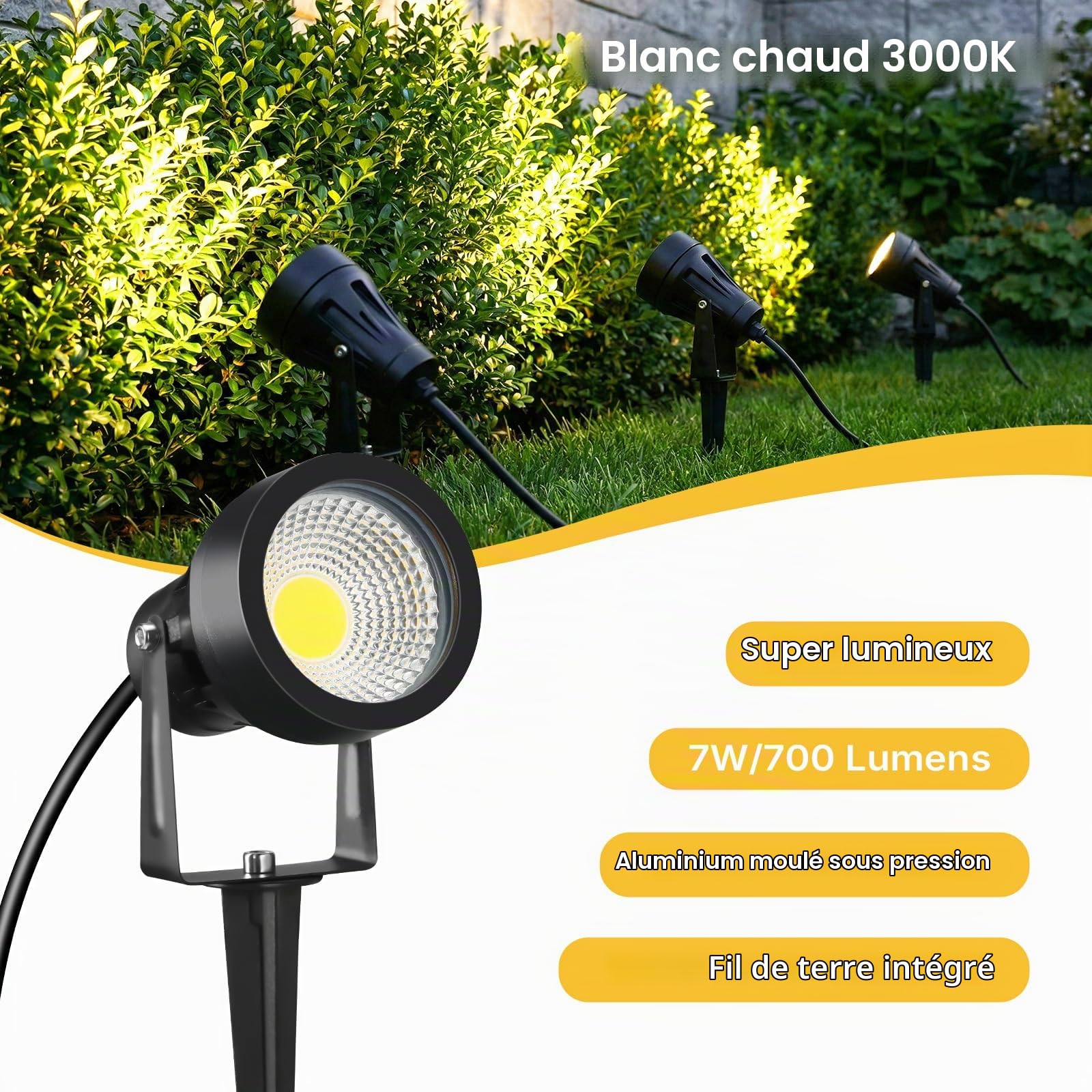 7W Spot LED Extérieur avec Piquet, 700lm Ultra-Lumineux Lampe Jardin, IP65 Lumiere Exterieur, 3000K Lumiere pour Murs, Terrasses, Arbres et Allées, 2 Pièc
