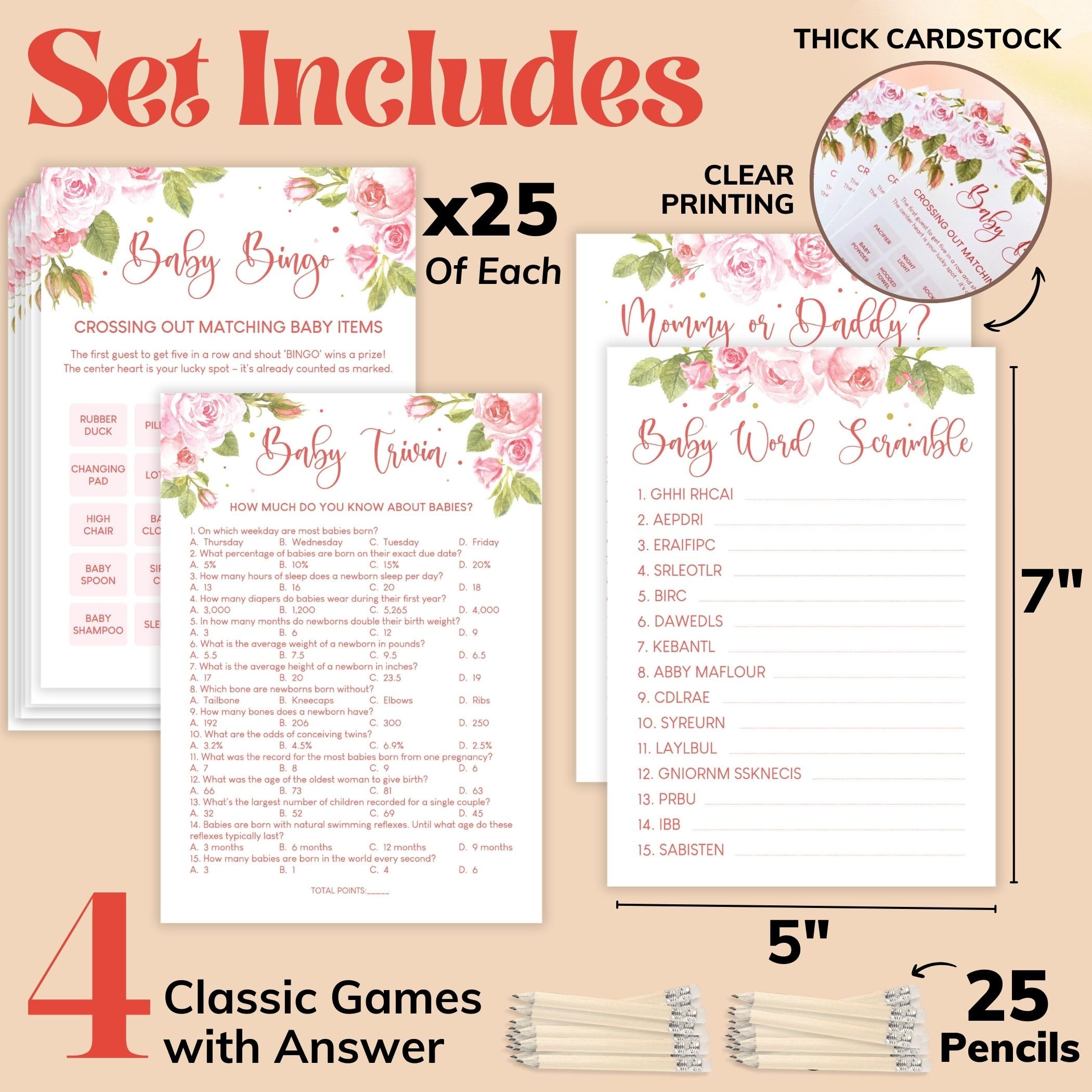 WOODAMORE Funny Baby Shower Games - Floral Bingo Cards for 25 Guests, Word Scramble Mommy Or Daddy Game, Trivia Flower Decorations Ideas