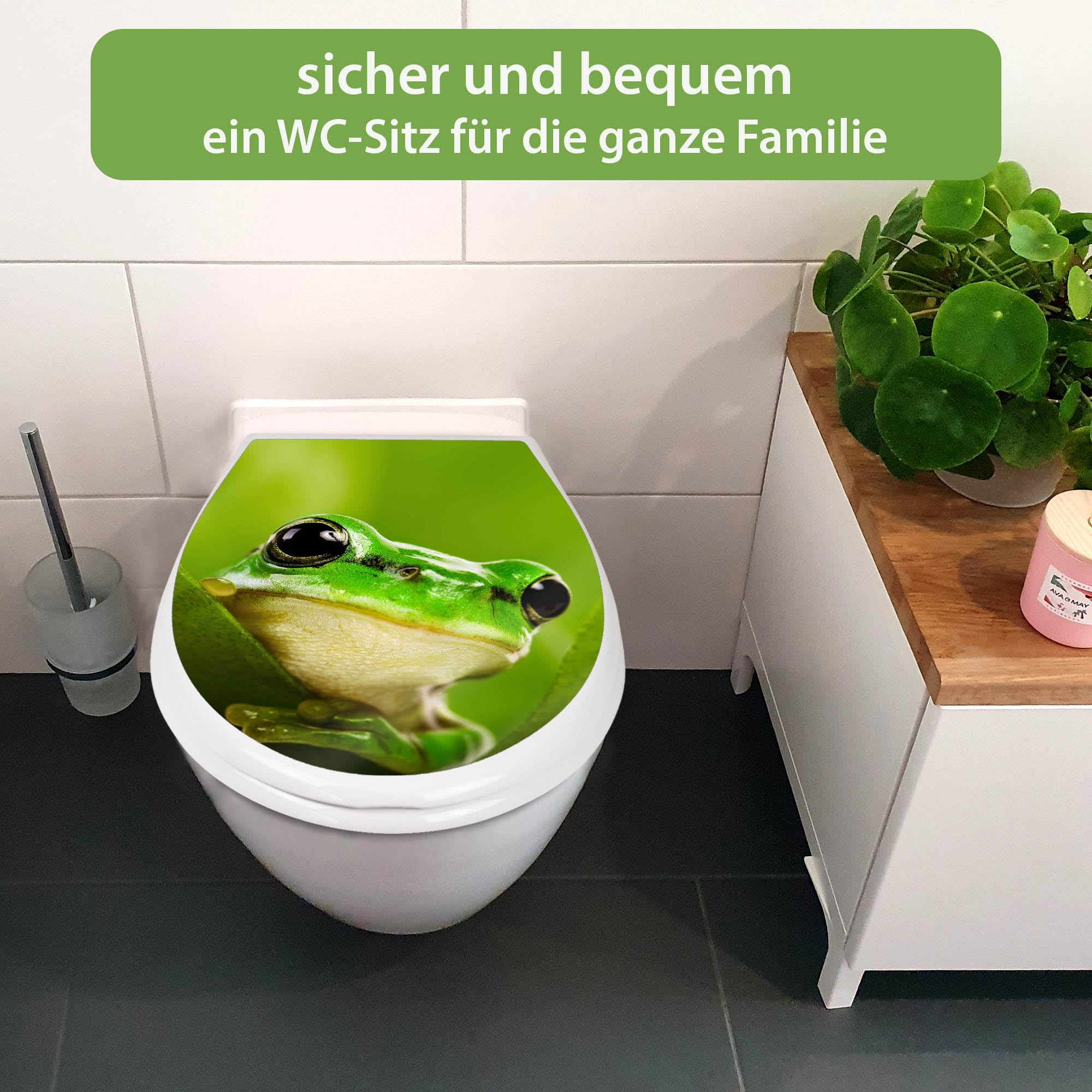 banjado Familien WC Sitz mit Absenkautomatik 44,9x37,1cm - Klobrille mit Kindersitz aus hochwertigem Polypropylen - Toilettendeckel mit Kinder Toilettensitz integriert - Motiv Frosch