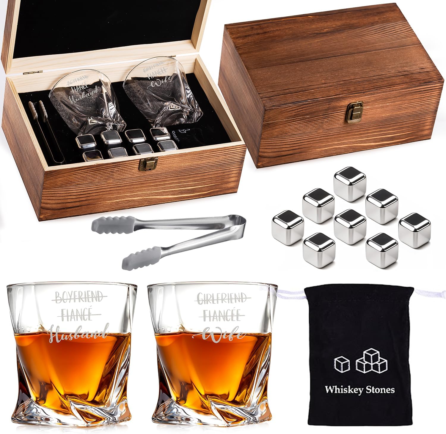 Boyfriend Fiance Husband Girlfriend Wife Couples Matching Heart Whiskey Gift Set of 2 Glasses, Tongs, & Stainless Steel Whiskey Stones – Personalized Premium Wood Box Wedding Gift