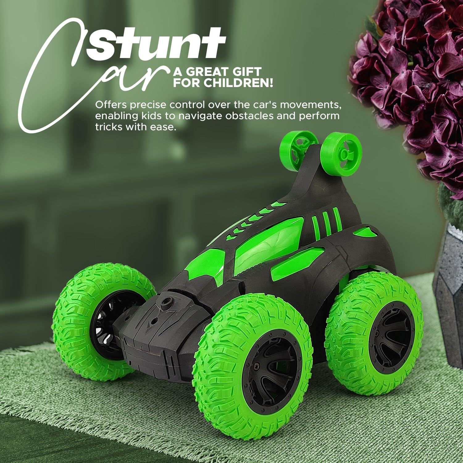 NHR RC Stunt Car for Kids – 360° Rotating Remote Control Car with High-Grip Rubber Tyres, Top Small Auxiliary Wheels & USB Rechargeable Battery – Off-Road Toy Car Gift for Boys & Girls (Green/Black) 1