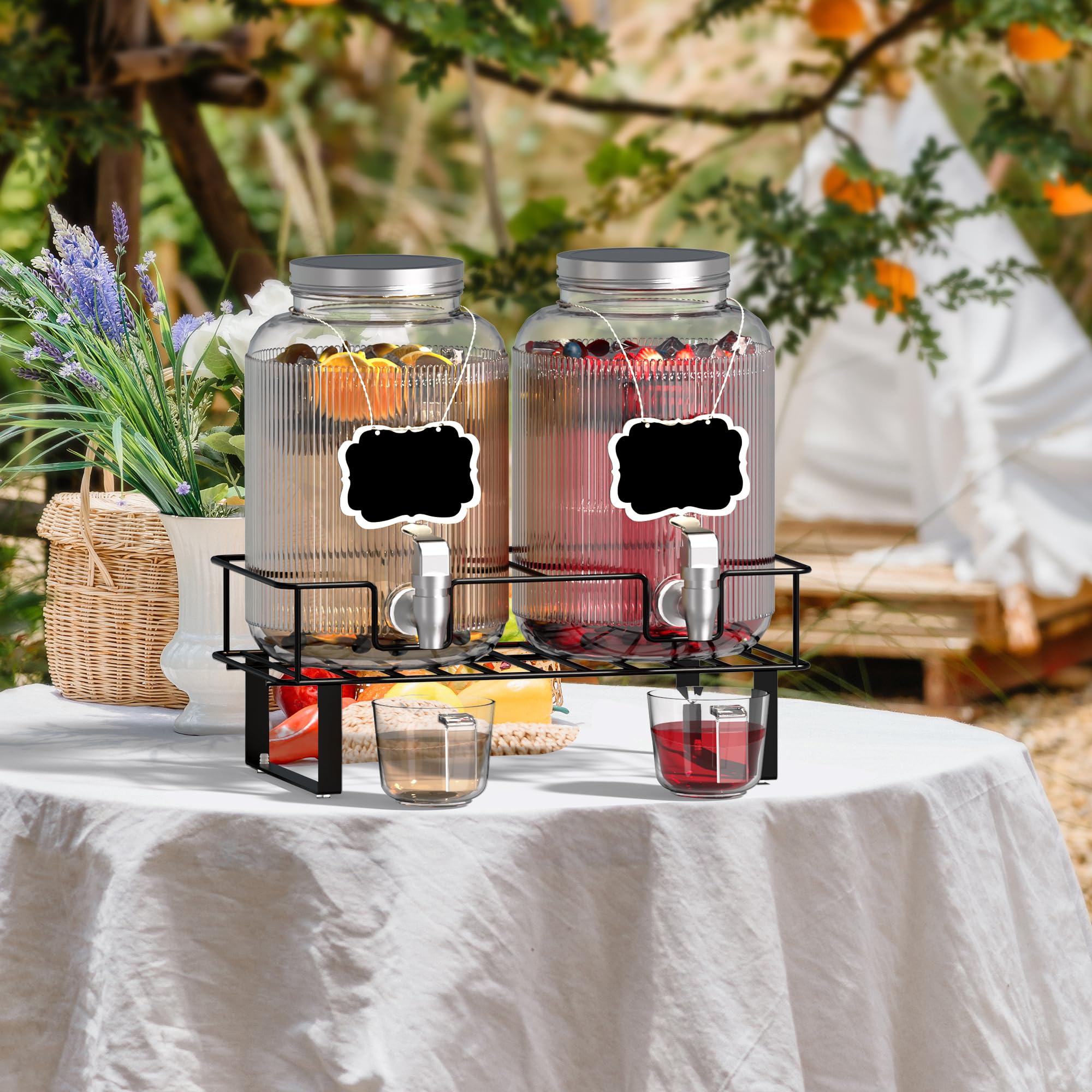 Dispensador de bebidas de vidrio con grifo, dispensador de bebidas de 4 litros con soporte de metal, dispensador de agua para zumos, té helado, cócteles, fiestas, bodas