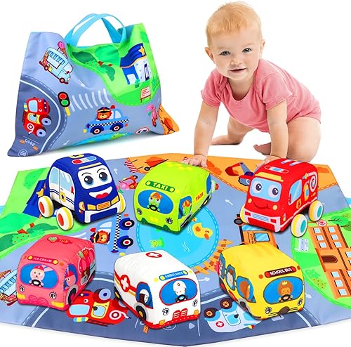 Juguetes suaves para niños de 1 año de edad, juguetes para bebés de 6 a 12 meses, 12 a 18 meses, juego de vehículos de automóvil con tapete de