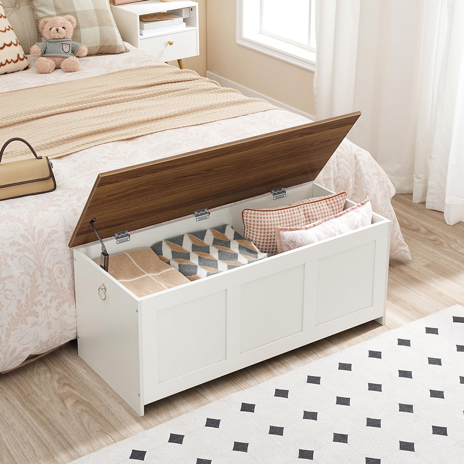 HOOBRO Cajas de Almacenamiento de 100 cm, Armario de Almacenamiento con Bisagras, Banco de Almacenaje, Caja de Juguetes con Tapa Elevable, para Entrada, Sala de Estar, Blanco y Nogal EWH141CW01