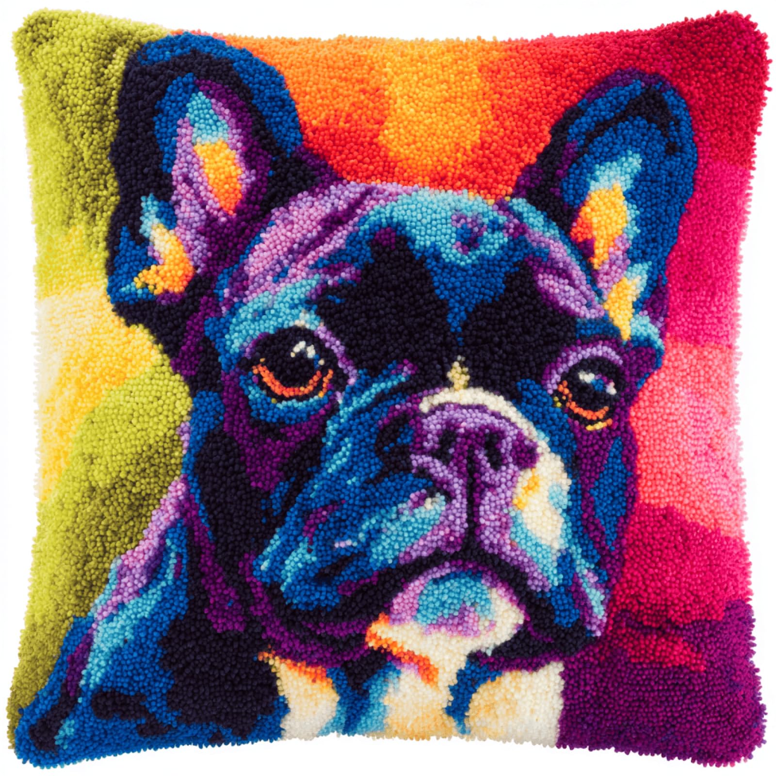 kitphoenix Crochet Cushion Kit 43x43 cm, French Bulldog,DIY Latch Hook Cushion Making Set with Printed Canvas,Pre-Cut Yarn and Easy Instructions for Beginners