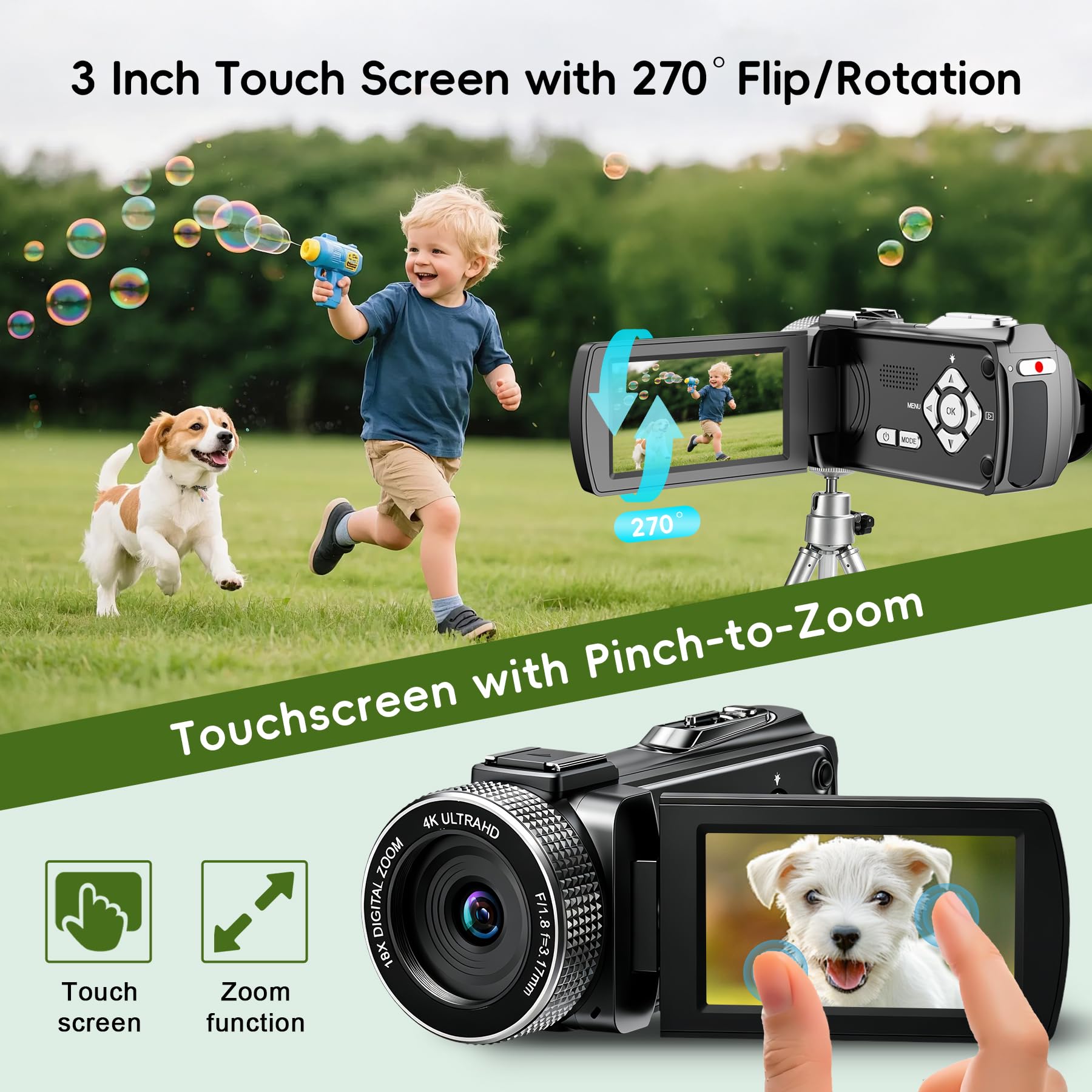 Videocamera 4K 48MP, videocamera Vlogging per YouTube, 3 pollici 270 ° Flip Touchscreen, con microfono Lavalier wireless, scheda da 32 GB, treppiede, kit per principianti