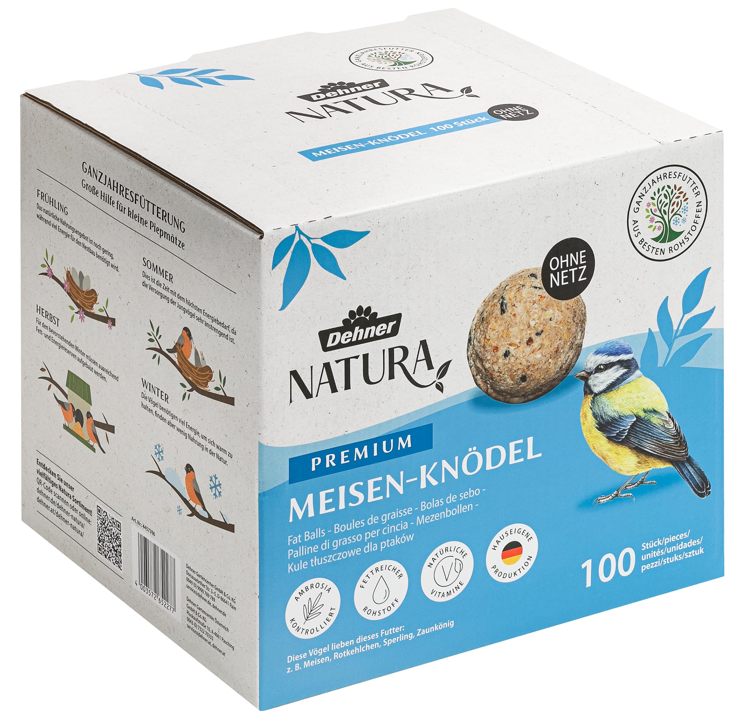 Dehner Natura Premium boulettes de mésange sans Filet, Nourriture pour Oiseaux Sauvages Riche en protéines/énergie Toute l'année, 100 pièces de 90g (9kg), boîte certifiée FSC