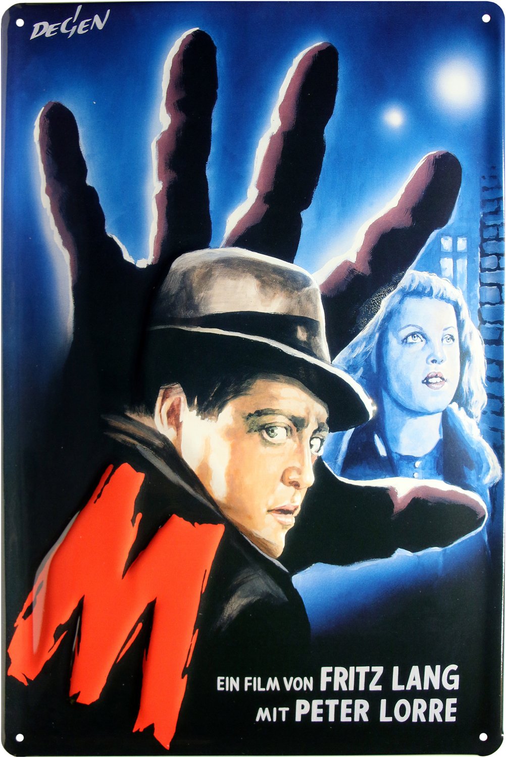 M by Fritz Lang Peter Lorre Embossed Tin Sign with "Advertising Sign 1844, 20 x 30 cm