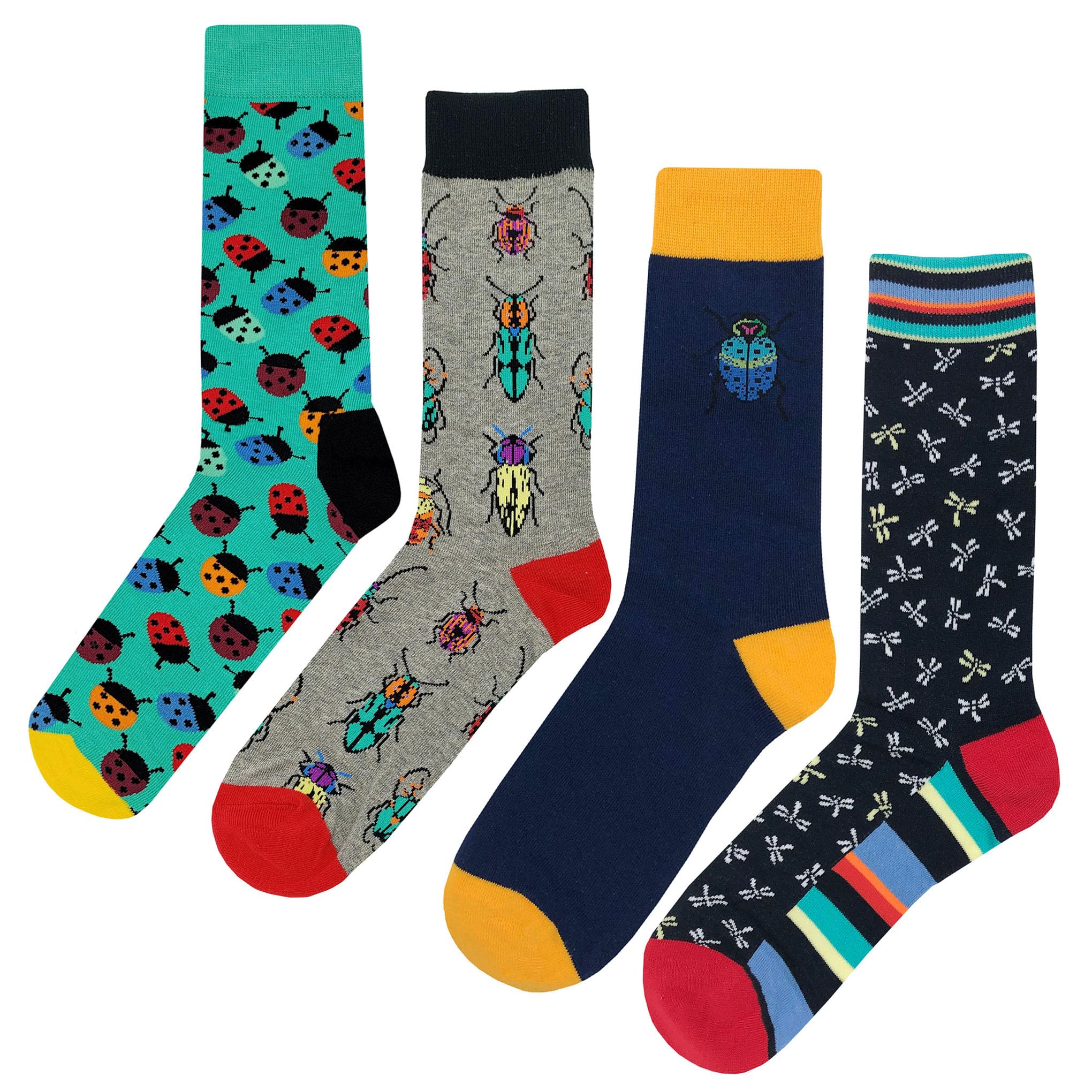 Bug Dress Socks 4 Pack Funny Novelty Crazy Fun Design Men Size 8-12 Cotton Casual Crew Colorful Funky Fancy Socks Gift for Men