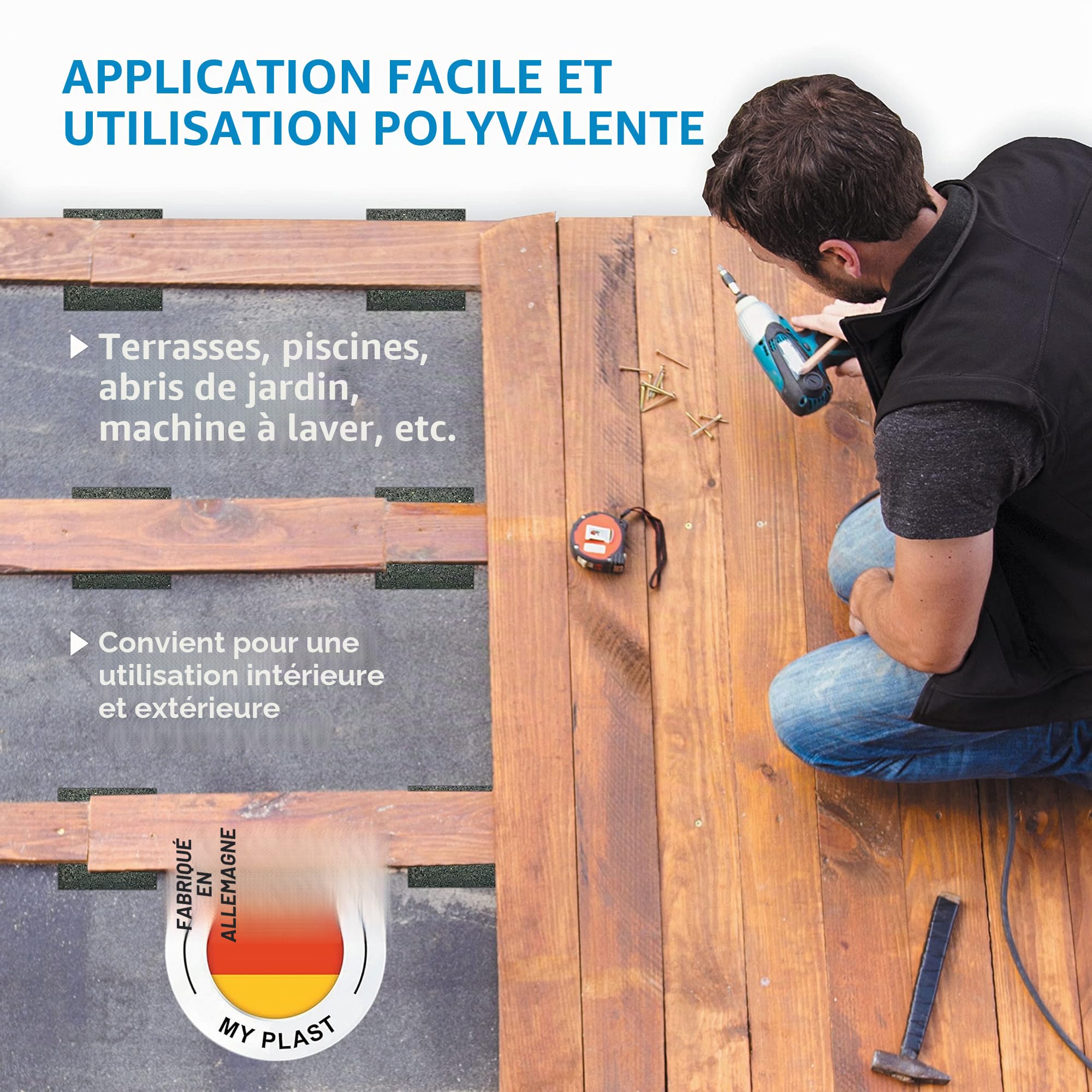 Rouleaux de pads de terrasse [ 5 rouleaux - 20mètres x 80mm x 3mm ] Tapis de sol en granulés de caoutchouc | Protection des constructions | Sous-couche pour WPC, balcon | 40, 50, 60, 80, 100, 150 mm