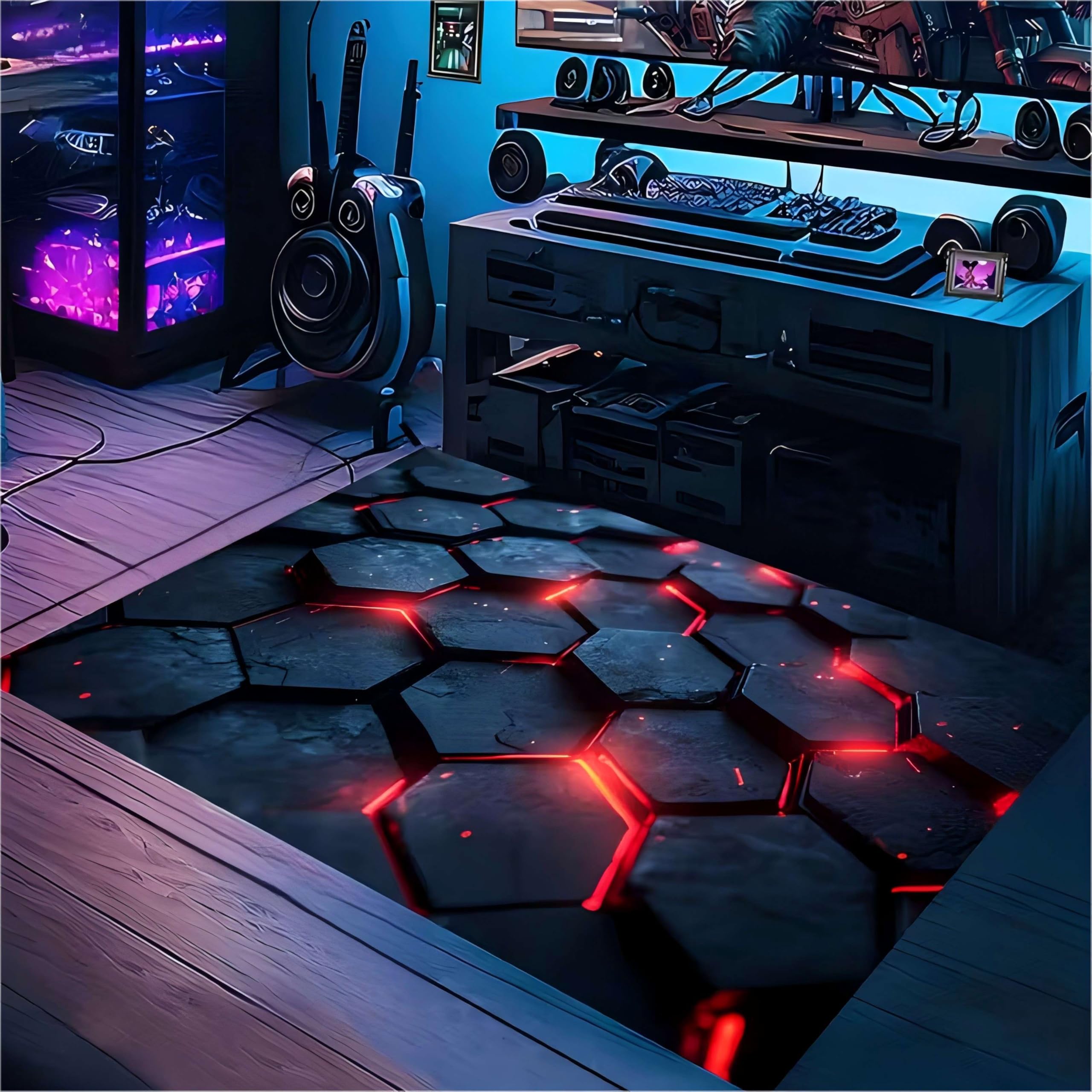USHIRUG Game Area Rugs, 70x140cm 3D Illusion Honeycomb Rugs, Modern Black and Red Geometric Hexagonal Play Mats, Soft, Durable and Washable Rugs for Game Rooms, Bedrooms, Lounge Decorations