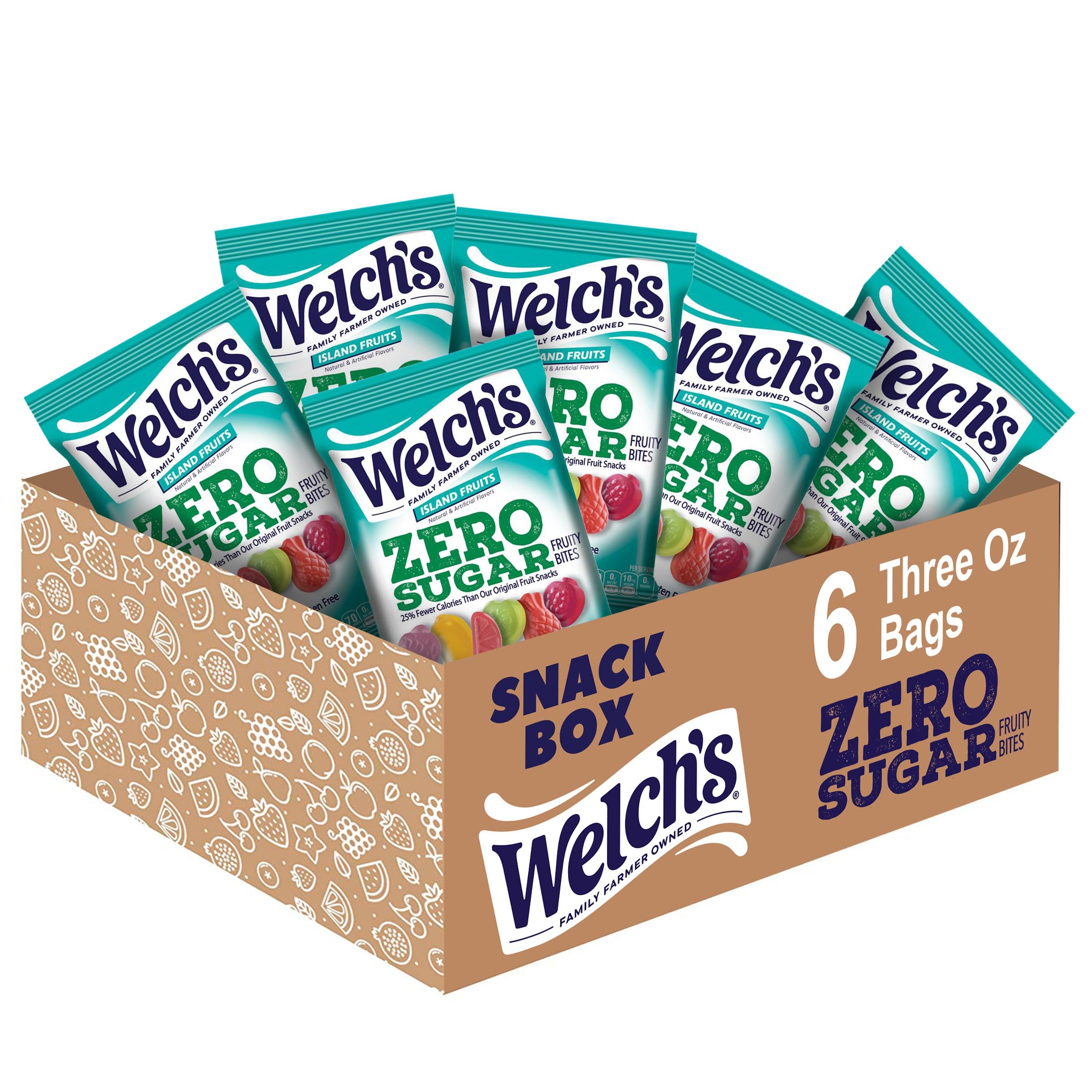 Welch's Zero Sugar Fruity Bites, Island Fruits Snack Box, Gluten Free & Sugar Free Snacks, 3oz Snack Packs (Pack of 6)