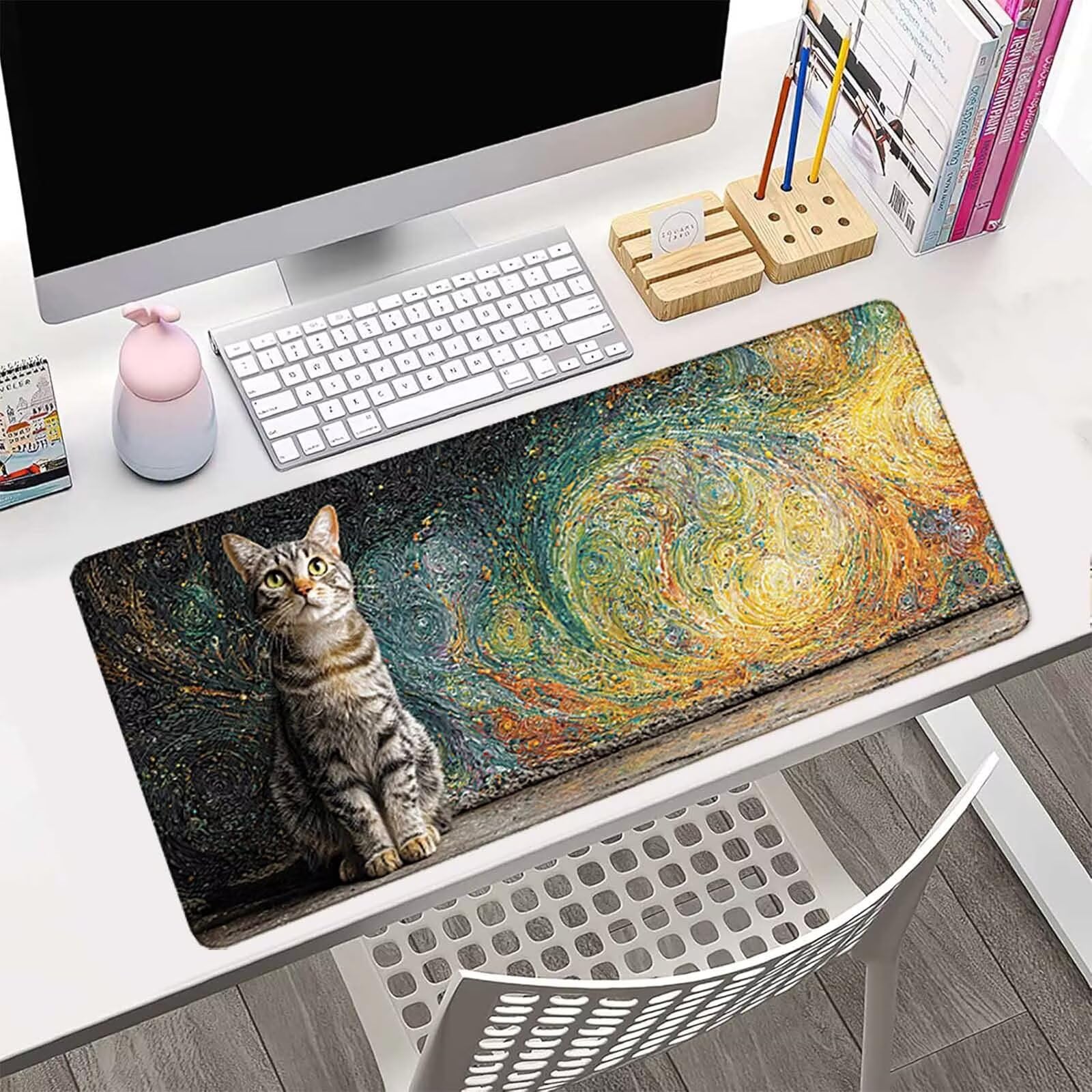 Podkładka pod mysz XXL 1500 x 800 mm, wodoodporna biała podkładka pod mysz z motywem kota akcesoria do gier 3MM szyte krawędzie antypoślizgowa gumowa podstawa powierzchnia do biura/domu, gracz