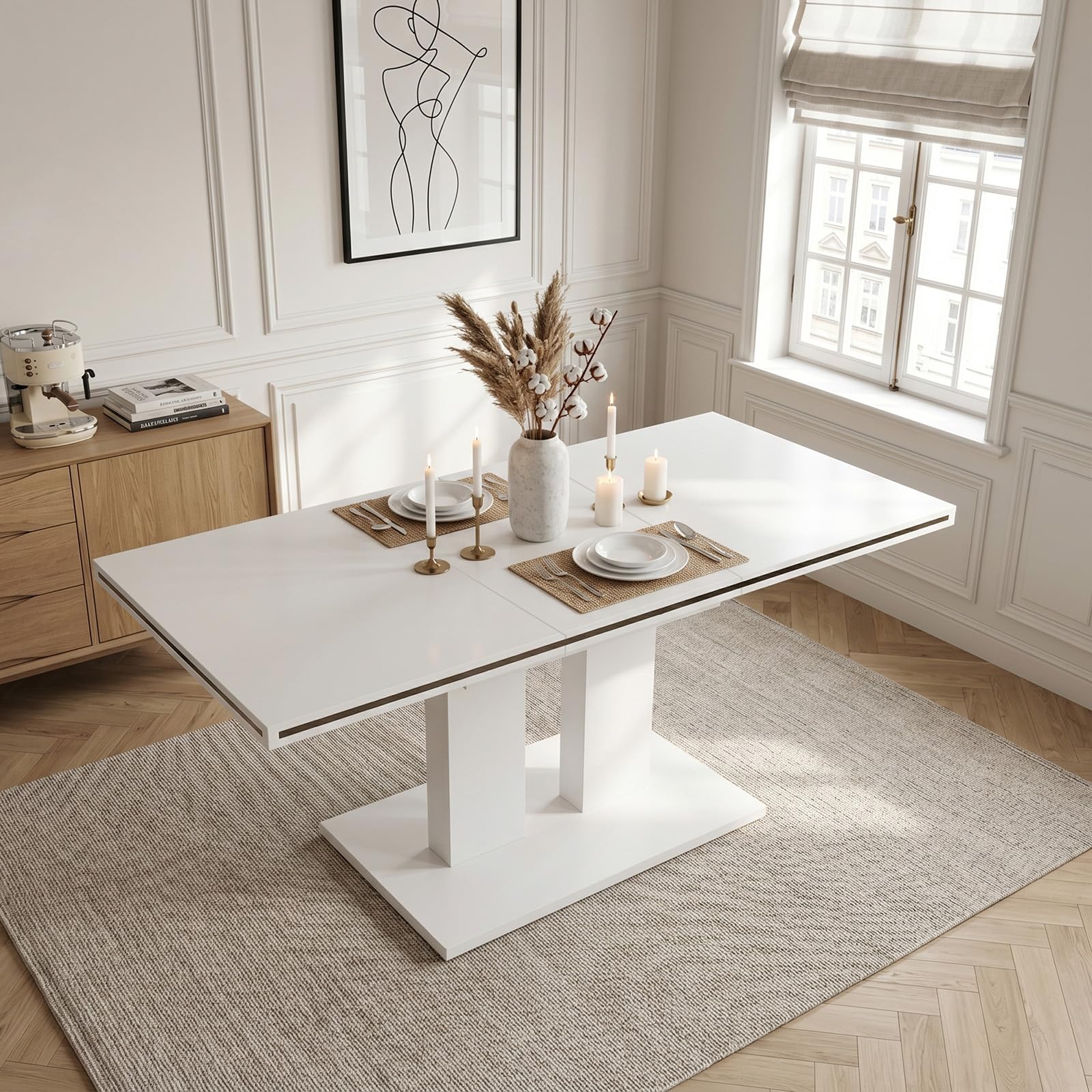 JIEXI Esstisch Ausziehbar, weißer MDF-Tisch 140-180cm für Küche, Esszimmer | Moderne Hochglanz-Tischplatte, stabiles Untergestell, Platz für 6-8 Personen, flexibel für Alltag, Gäste und kleine Räume