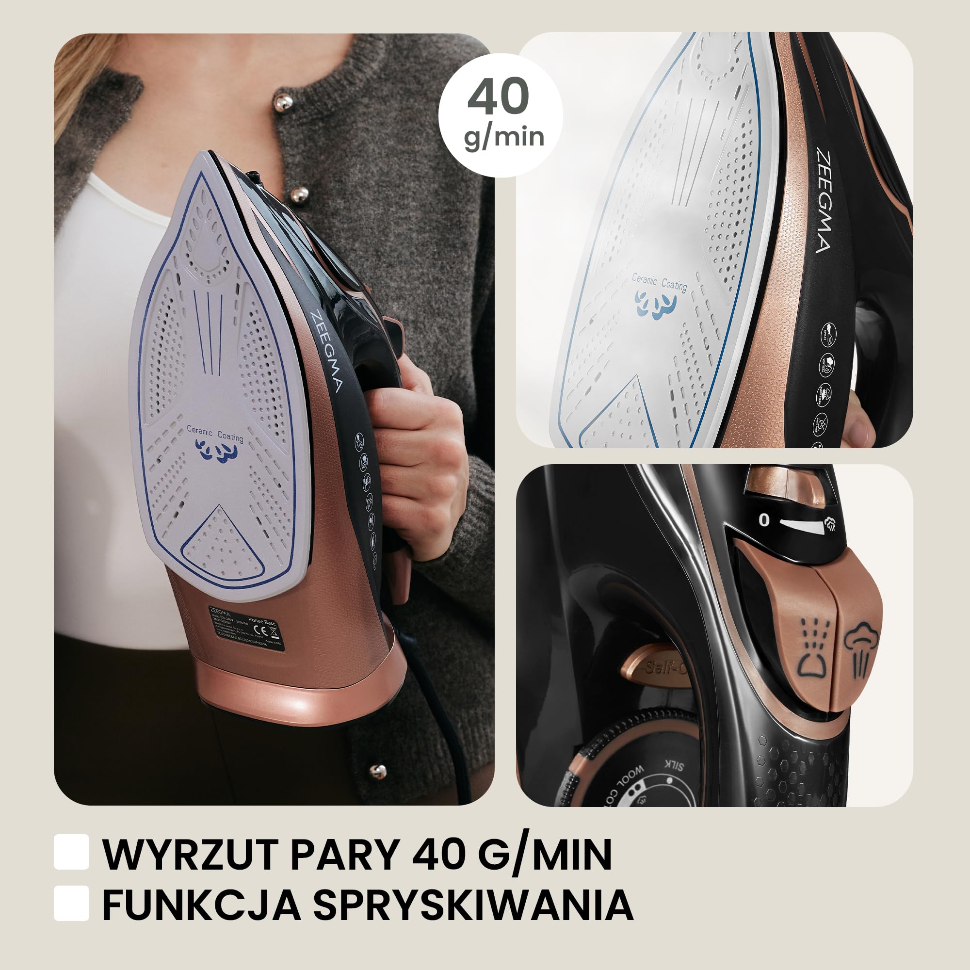 ZEEGMA IRONEE BASE Przewodowe Żelazko Parowe z Powłoką Ceramiczną 3100W, Prasowanie na Sucho i Parą 40g/min, Zbiornik 320 ml Funkcja Samoczyszczenia, Anti-Drip oraz Anti-Calc