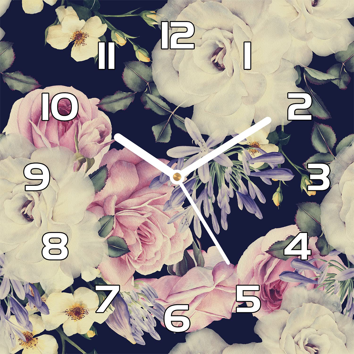 Horloge en verre cuisine et salon moderne 30x30 cm avec motif floral baroque chic