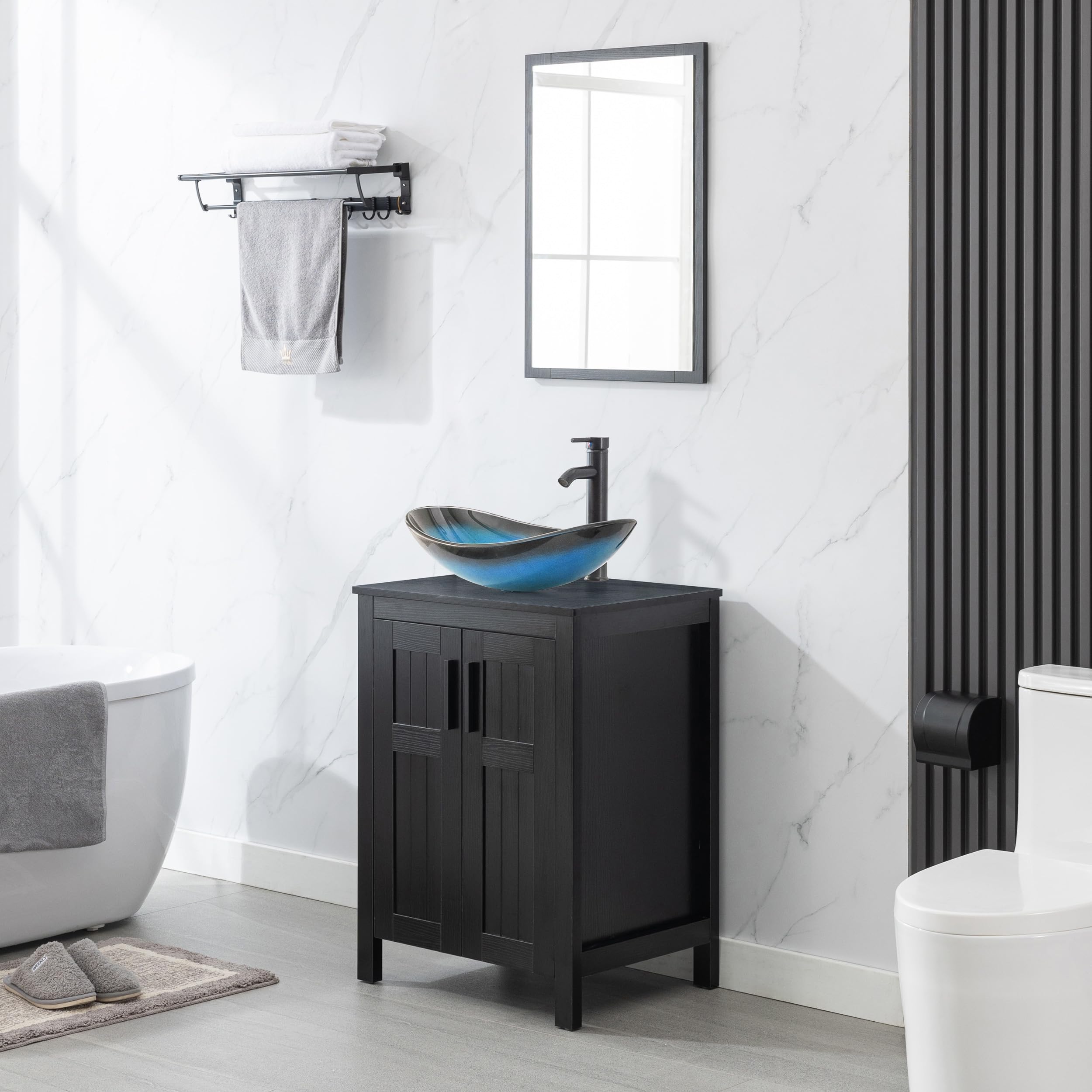 eclife 24" Bathroom Vanity with Sink Combo, Modern Freestanding Cabinet with Soft Closing Grooved Doors, Vessel Sink Top, Faucet & Pop Up Drain (Blue