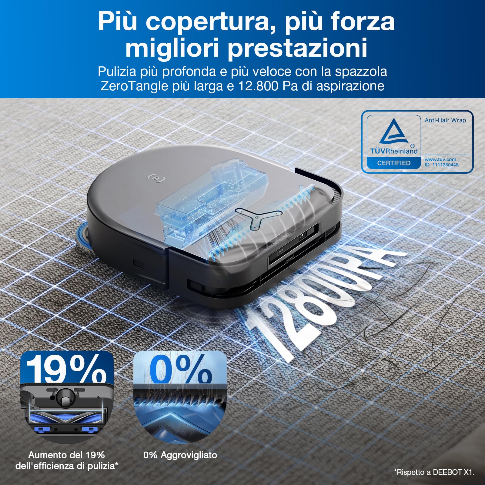 ECOVACS DEEBOT X5 PRO OMNI Robot Aspirapolvere Lavapavimenti, 12800Pa, Progettazione Antigroviglio, TruEdge™ Adaptive Edge Mopping, Lavaggio con Acqua Calda a 70°C, AINA 2.0 Navigazione Intelligente