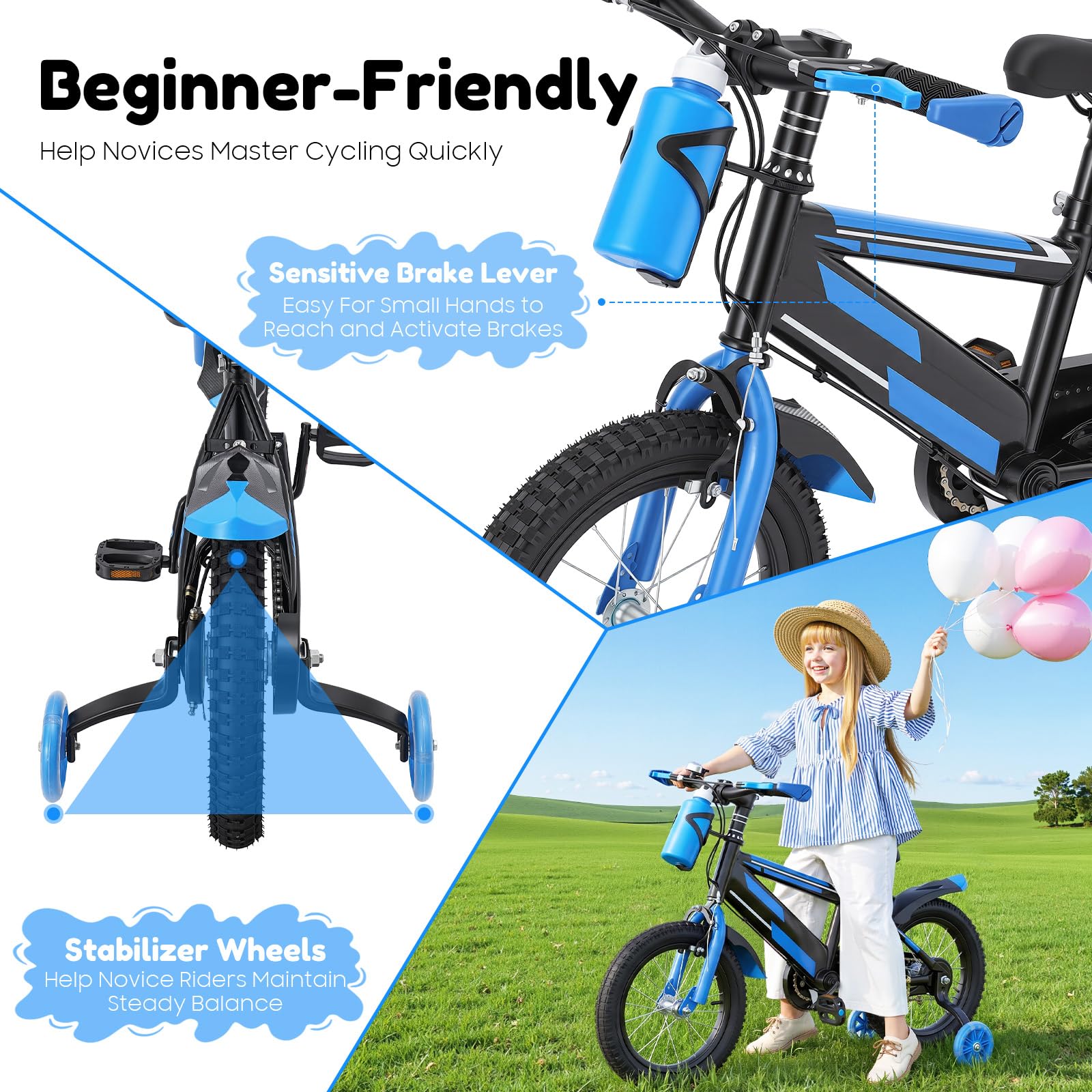 Bicicleta infantil de 14 pulgadas para niños de 3 a 7 años, bicicleta infantil ajustable con ruedines y botella, capacidad de carga 60 kg