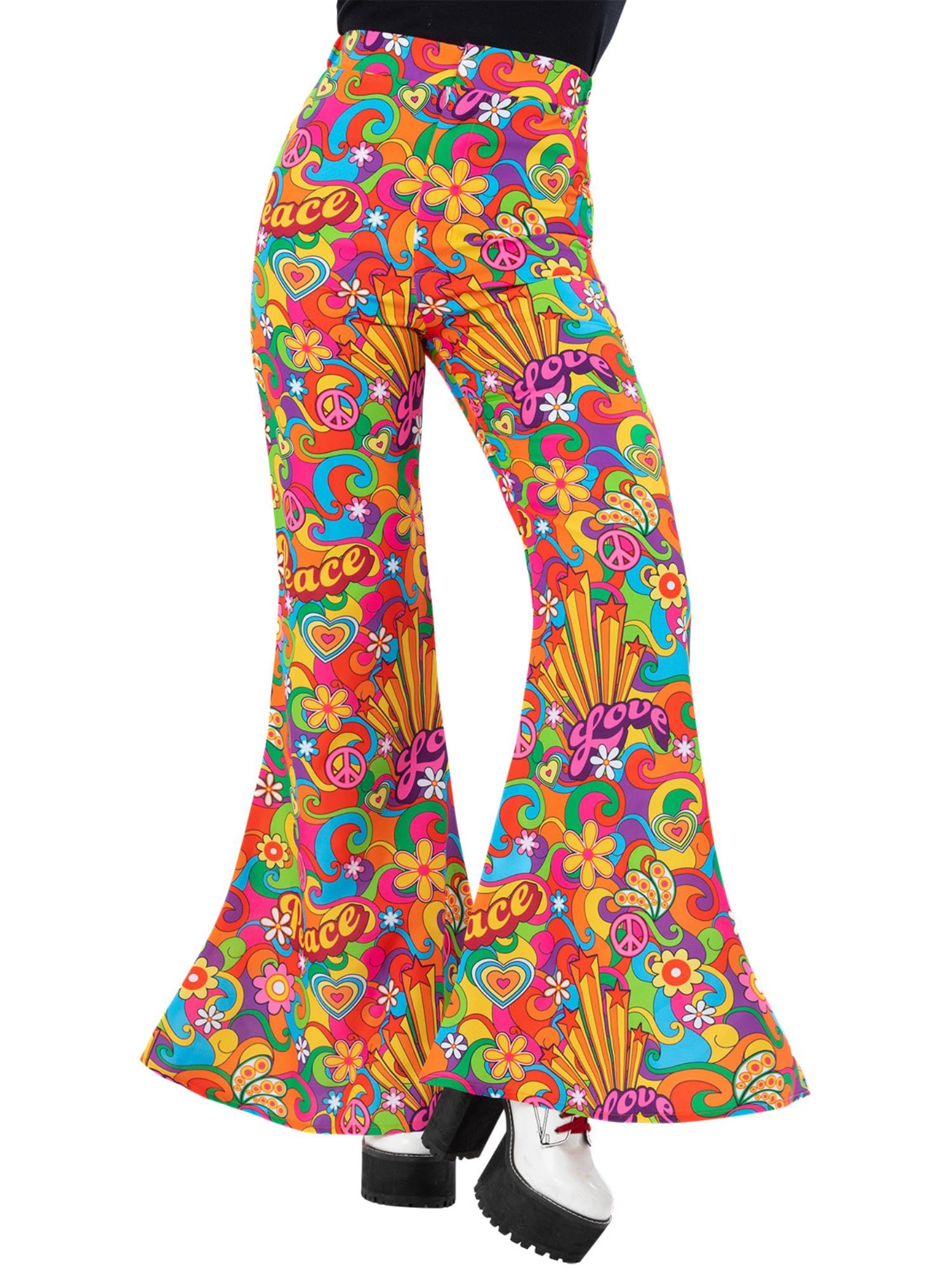 Smiffys Ladies 70s Rainbow Peace Print Flared Trousers – High Waisted Retro Bell Bottom Fancy Dress Pants for Festivals, Hippie Themed Parties, Carnival, Halloween & Decades, Medium