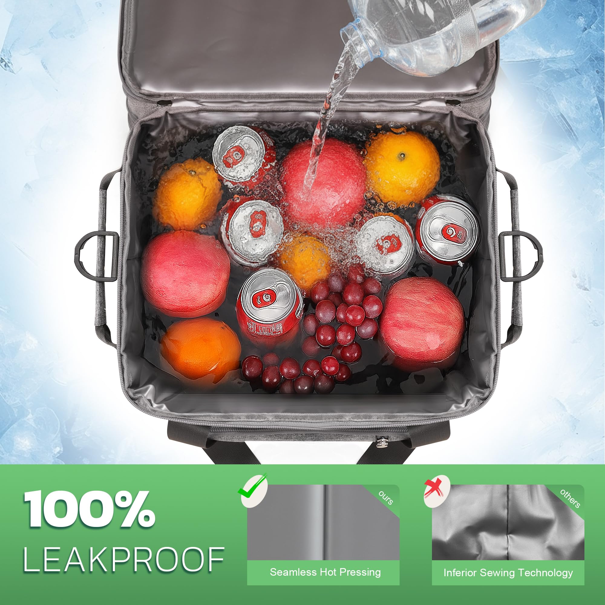 Borsa Frigo Doppia Strato Morbida, Borsa Pranzo Isolata Impermeabile Portatile, Contenitore Termico Extra Large Espandibile per Spiaggia, Picnic, Camping, Shopping - MIYCOO-Grigio