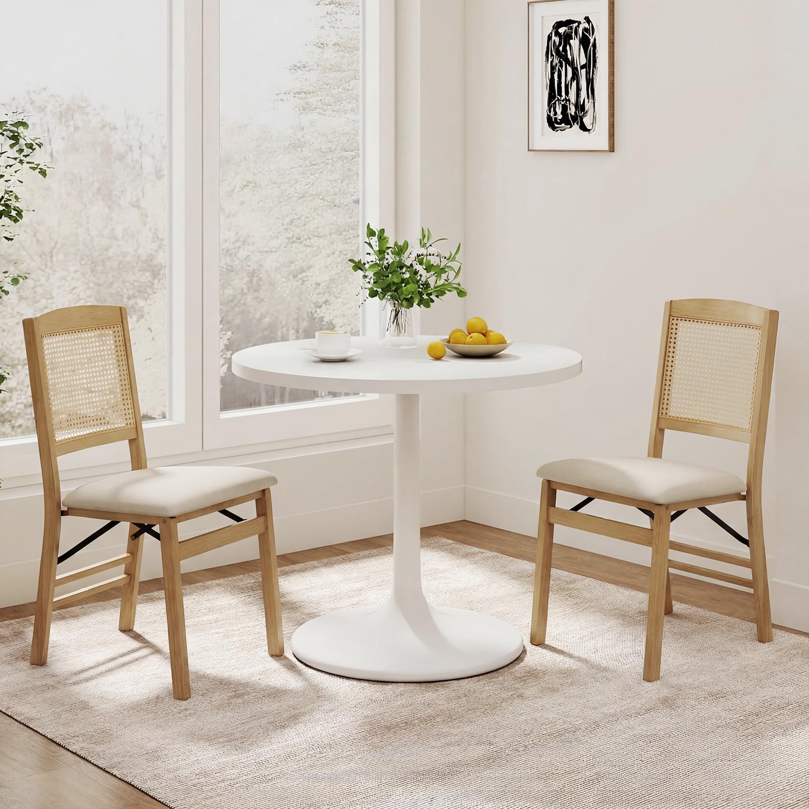 COSTWAY Klappstühle 2er Set, Rattan Esszimmerstühle mit gepolsterten Sitzen & Massivholzrahmen, Küchenstühle klappbar, armlose Polsterstühle bis 180 kg belastbar, für Esszimmer, Küche, Wohnzimmer