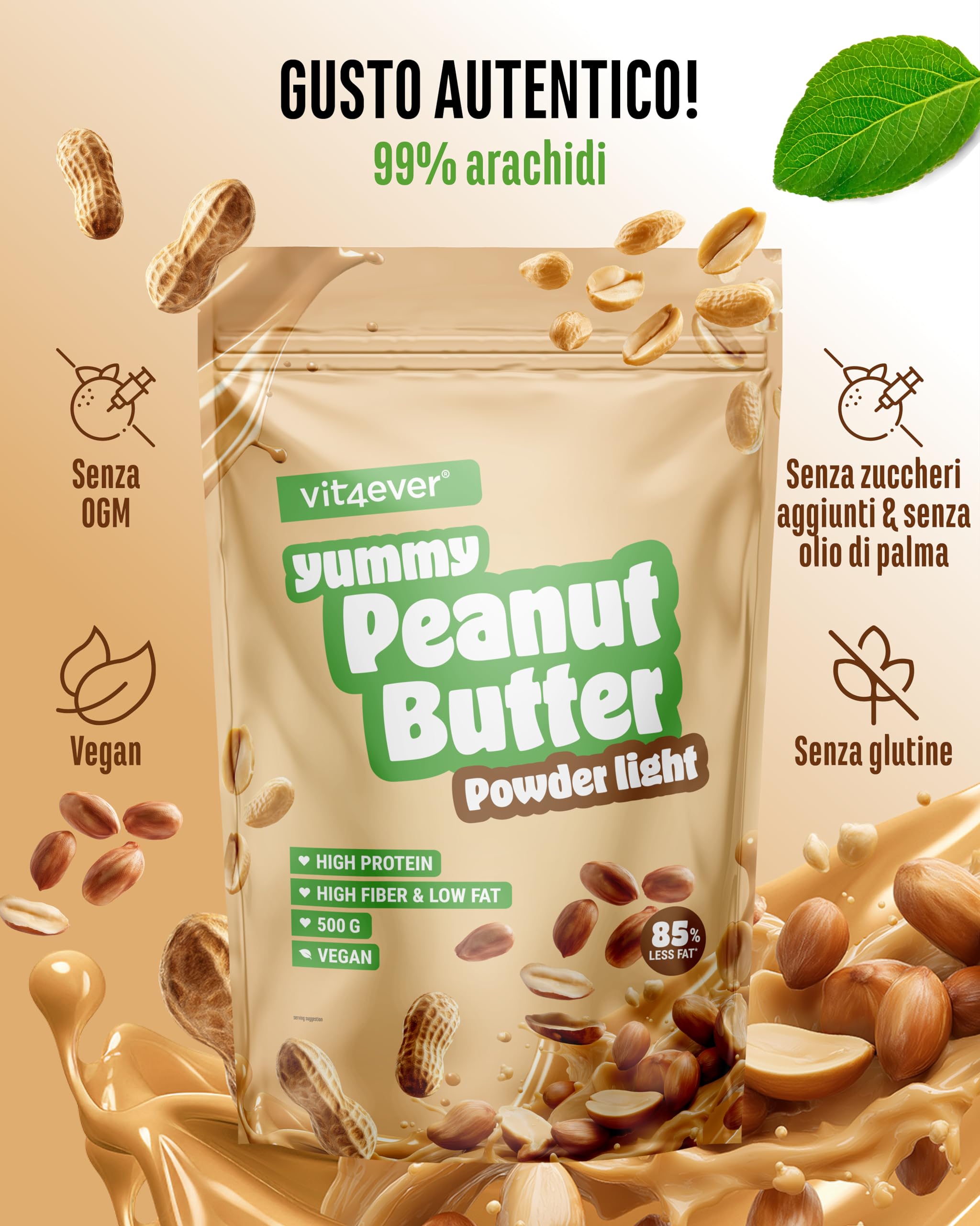 Burro di arachidi light in polvere 500g - Burro di arachidi in polvere 85% di grassi in meno, senza zucchero - Crema di burro di arachidi dal sapore delizioso - Vit4ever