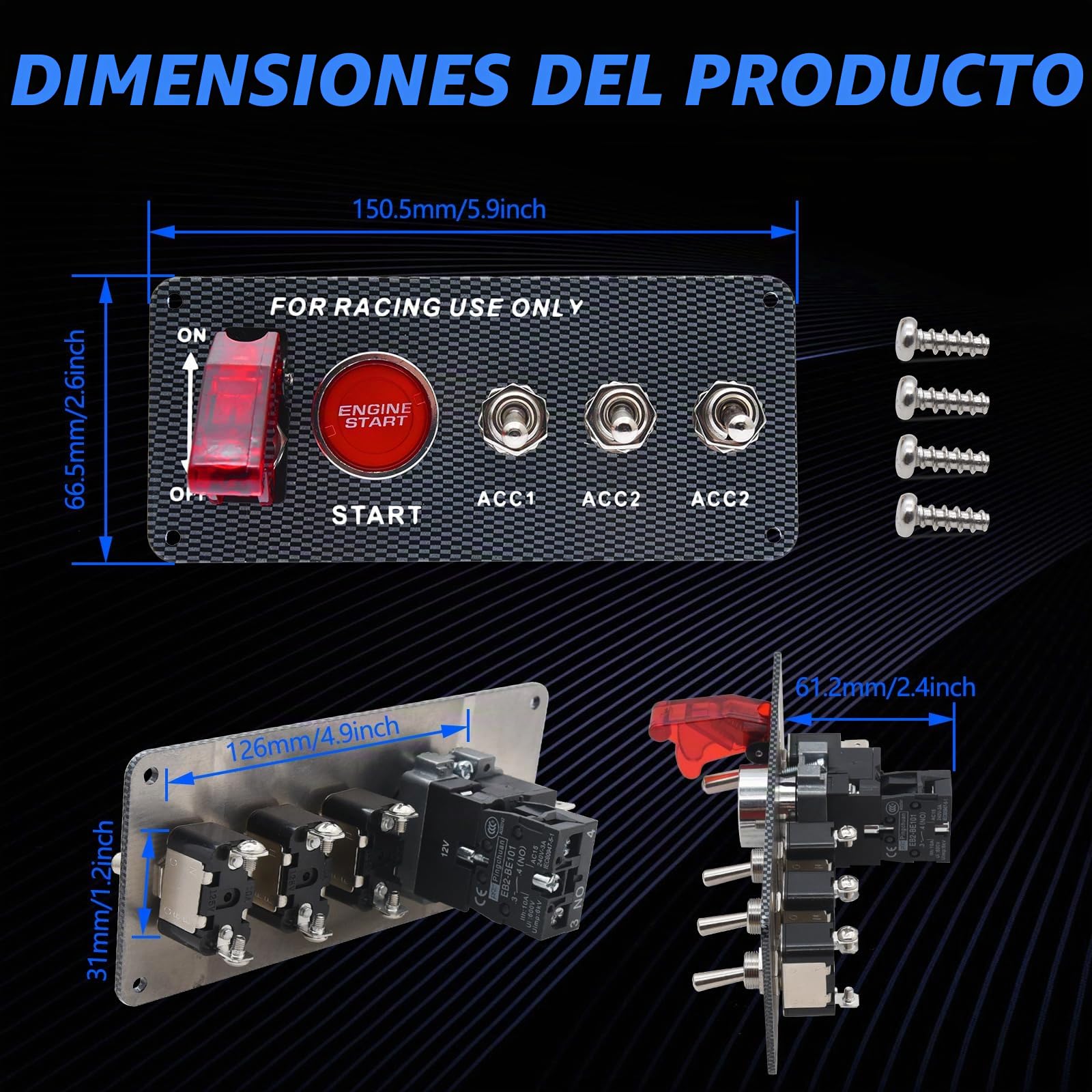 Geloo Panel de Interruptor de Encendido 12V de Carreras de Coches de Arranqu Fibra de Carbono LED Interruptores ​de Palanca 5 en 1