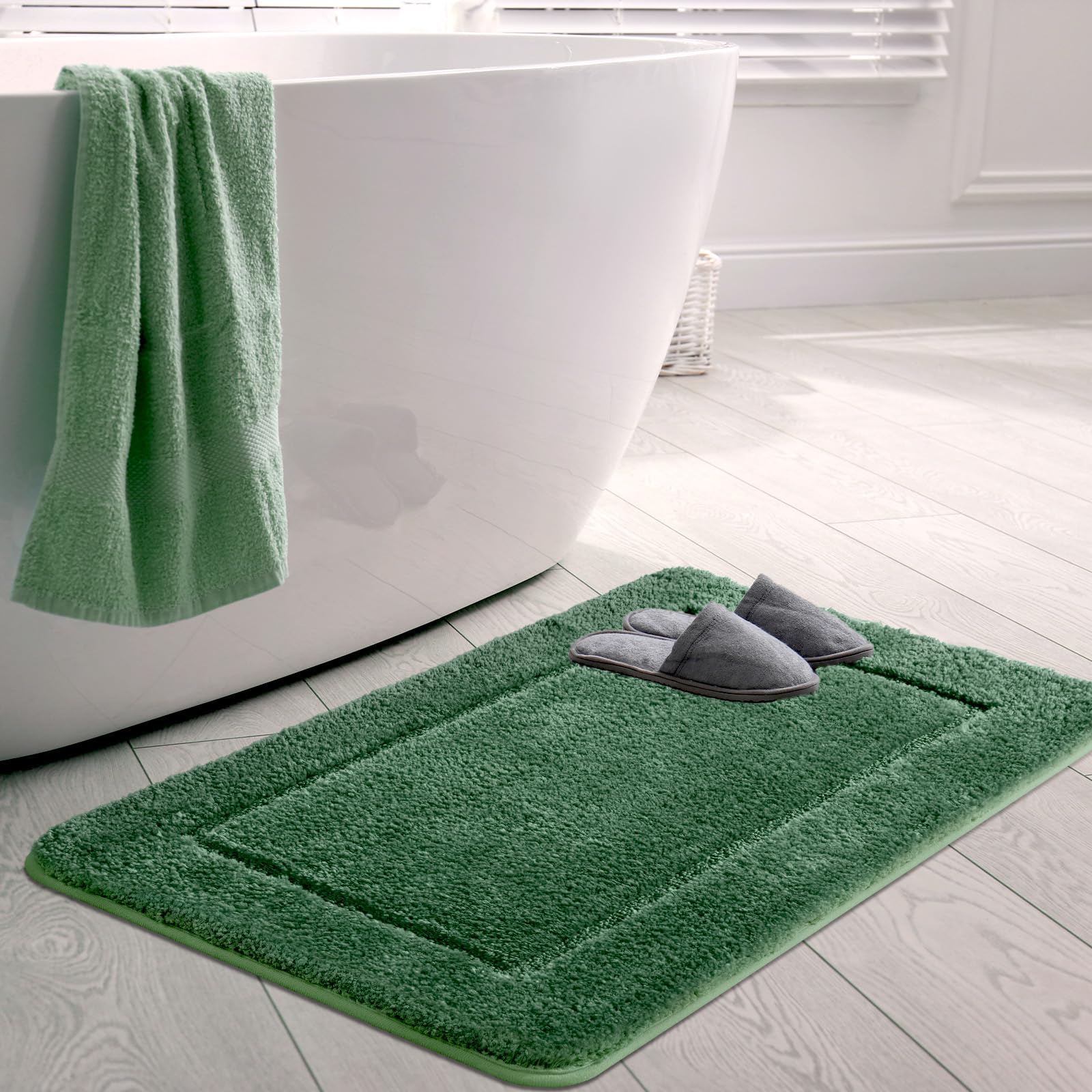 SOANNY Dark Green Bath Mat Single, Non-Slip Soft Microfiber Machine Washable Bathroom Carpet Absorbent, High Density Large Fluffy Bathtub Decor Runner Rugs for Door Entrance, Kitchen, 60x90 cm