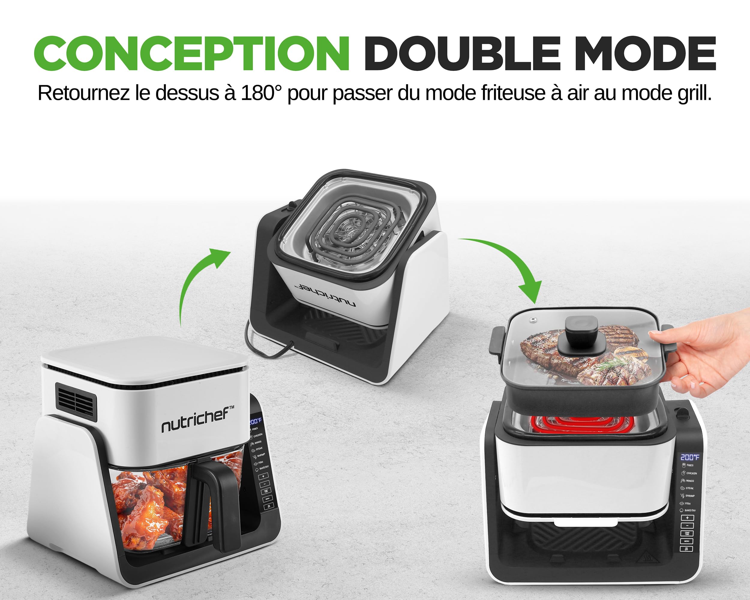 NutriChef Friteuse à Air avec Gril 1500W – Air Fryer à Bol en Verre Transparent 4L & Gril 1,2L, Double Niveau, 8 Programmes | Friteuse Sans Huile Frites, Ailes, Steaks